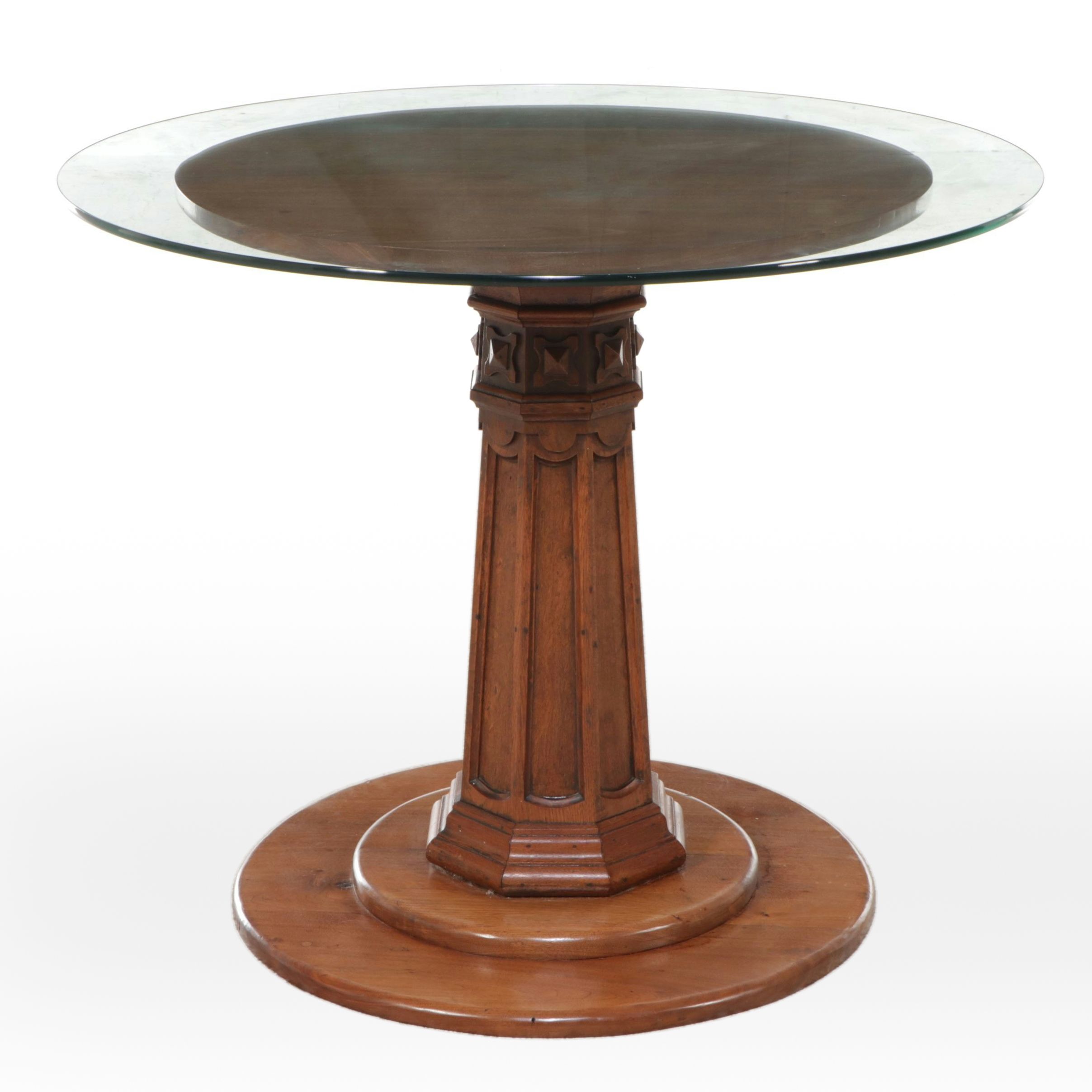 Walnut Pedestal Table with Glass Top