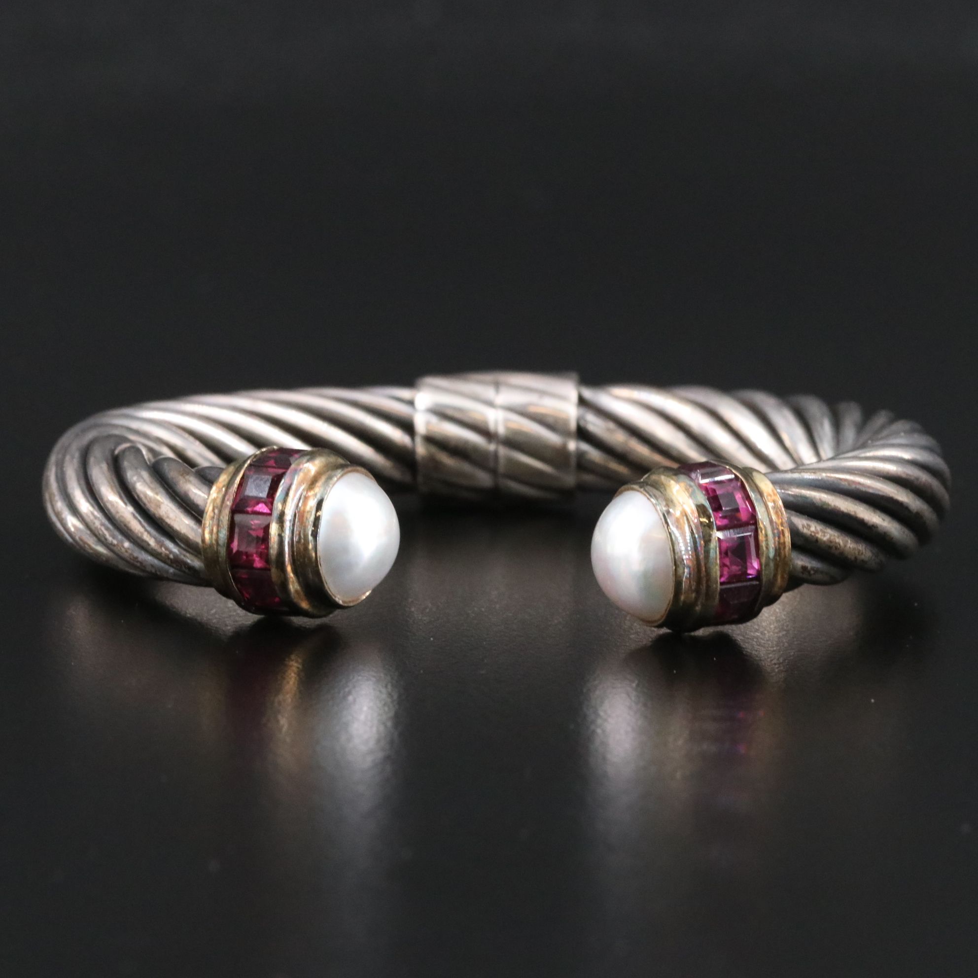 David Yurman Sterling and 14K Rhodolite and Pearl Hinged Bracelet