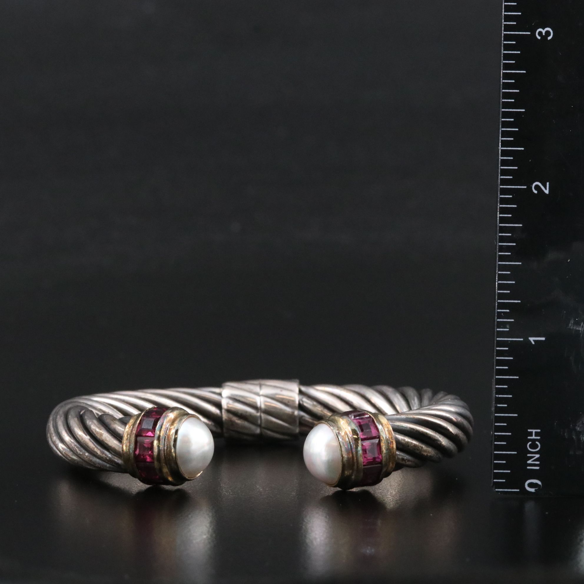 David Yurman Sterling and 14K Rhodolite and Pearl Hinged Bracelet