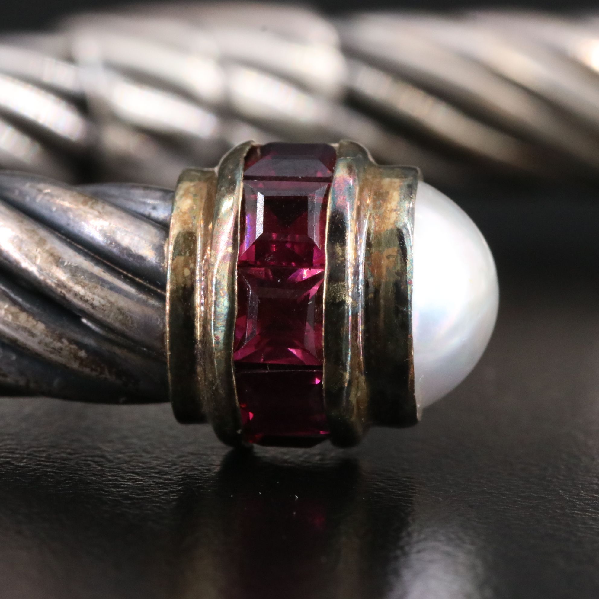 David Yurman Sterling and 14K Rhodolite and Pearl Hinged Bracelet