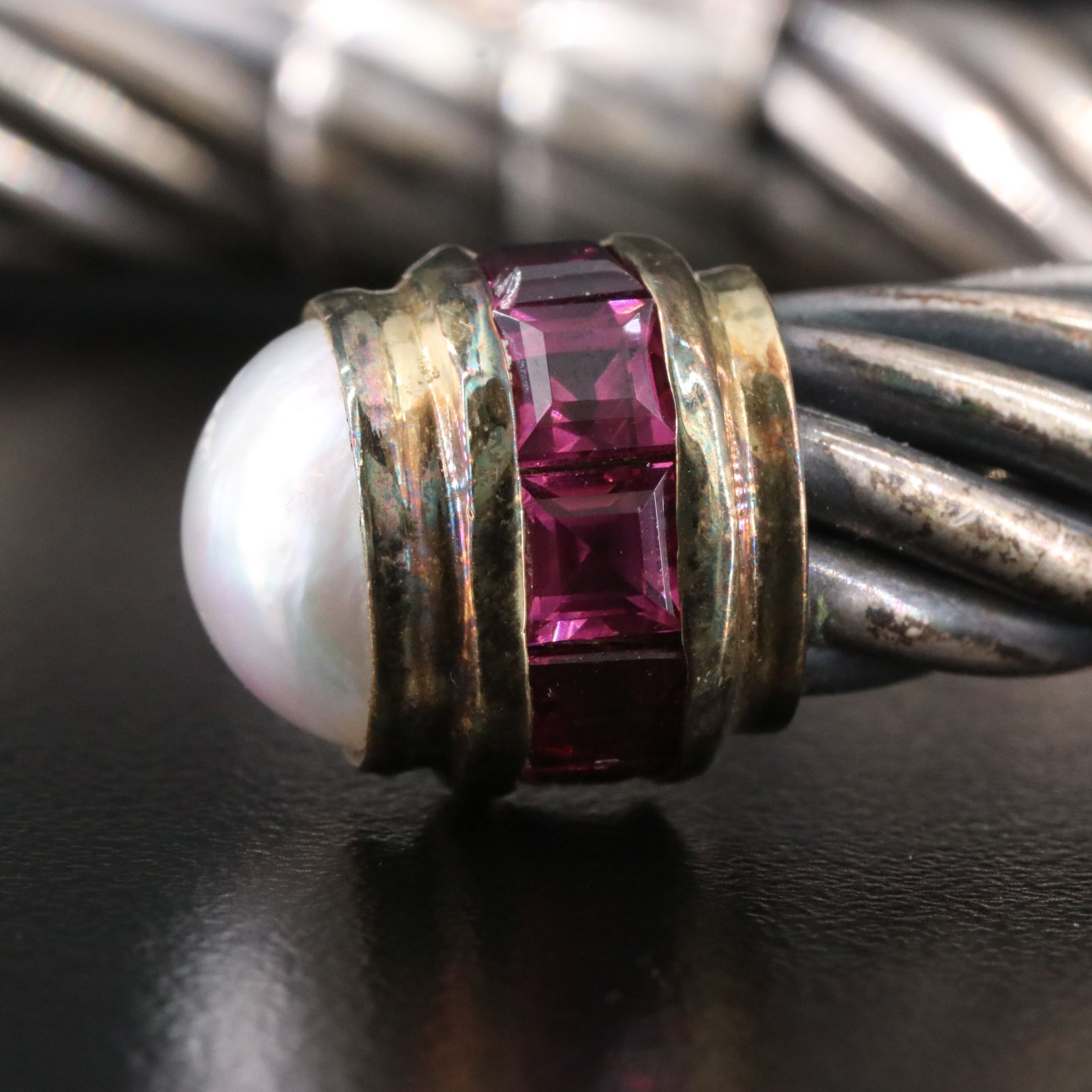 David Yurman Sterling and 14K Rhodolite and Pearl Hinged Bracelet