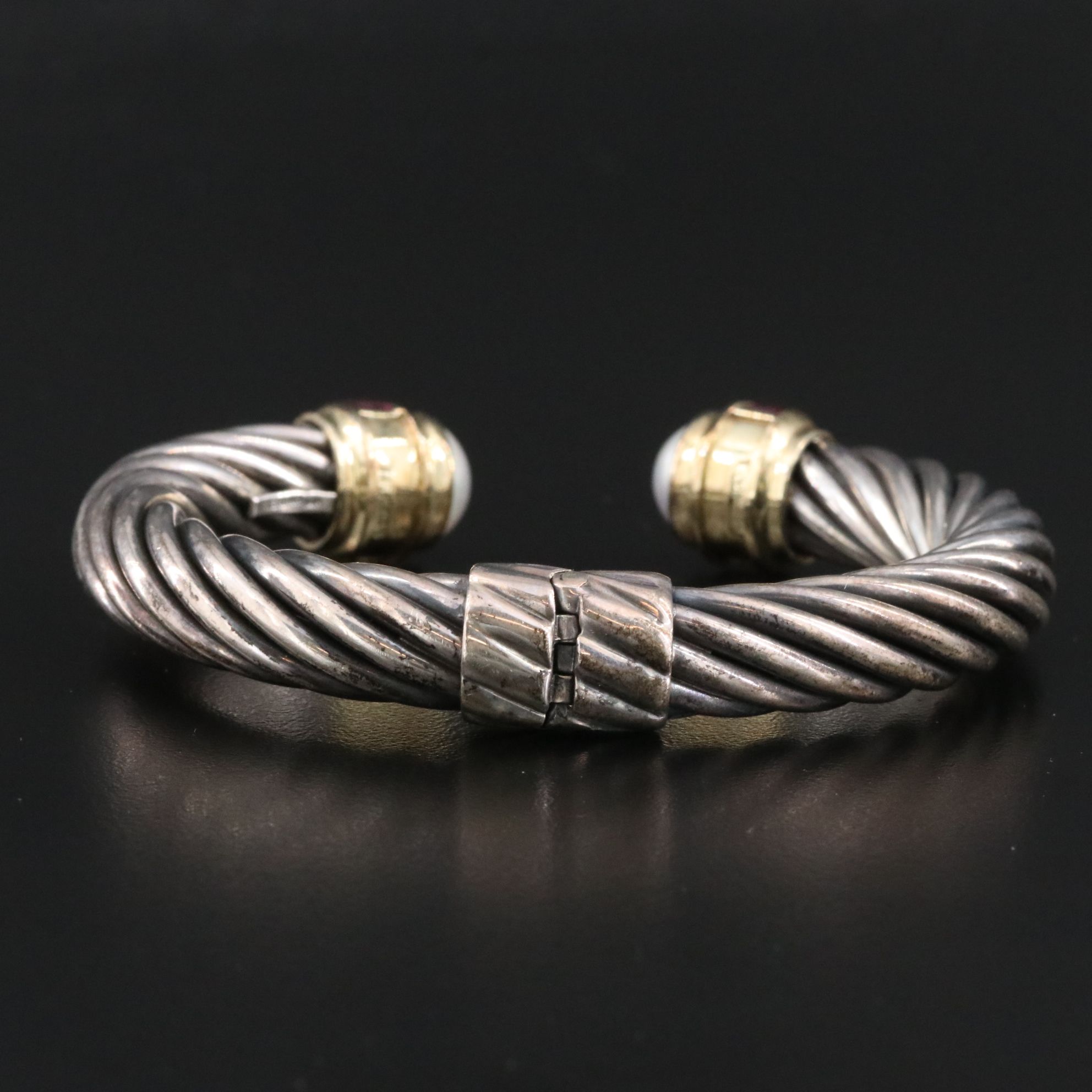 David Yurman Sterling and 14K Rhodolite and Pearl Hinged Bracelet