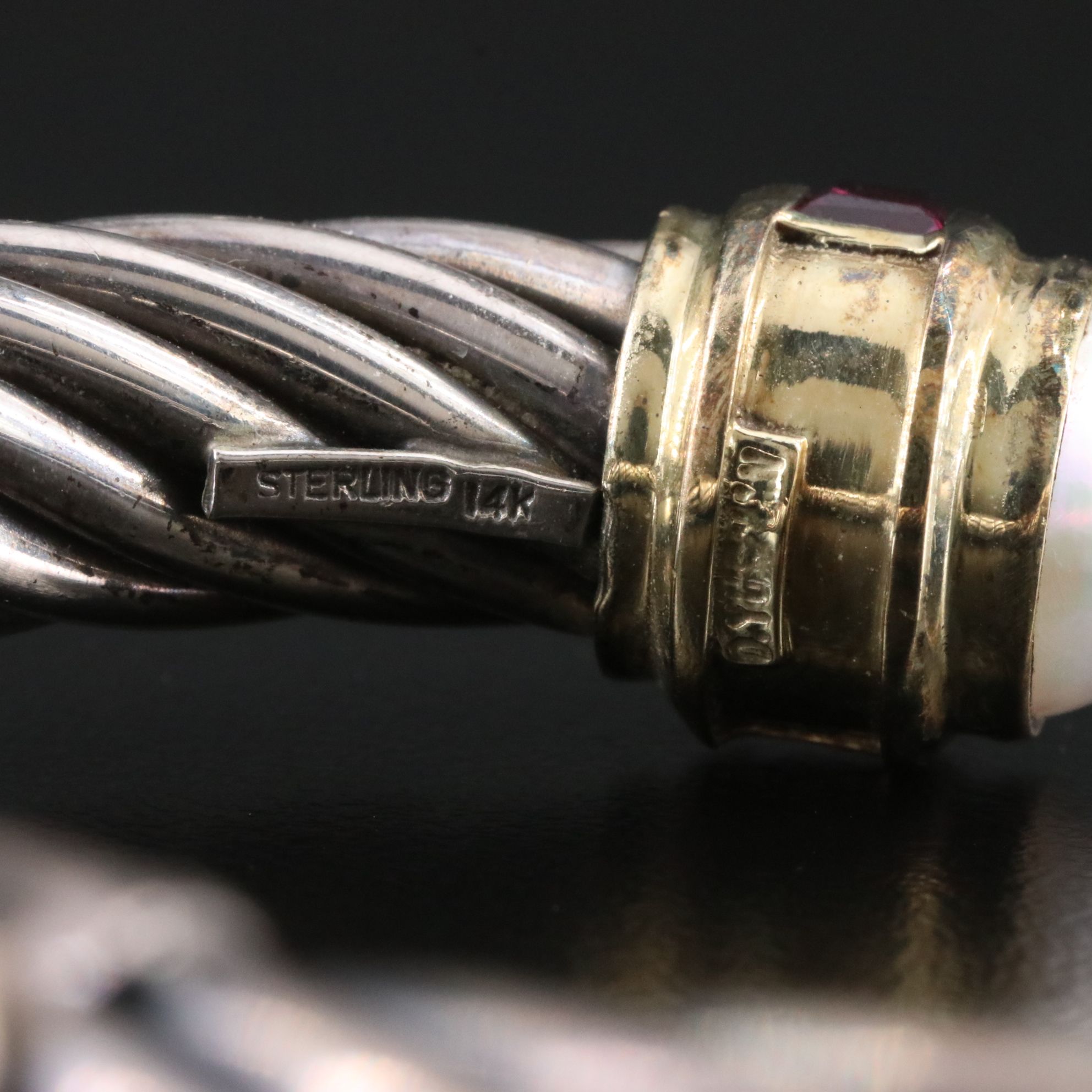 David Yurman Sterling and 14K Rhodolite and Pearl Hinged Bracelet