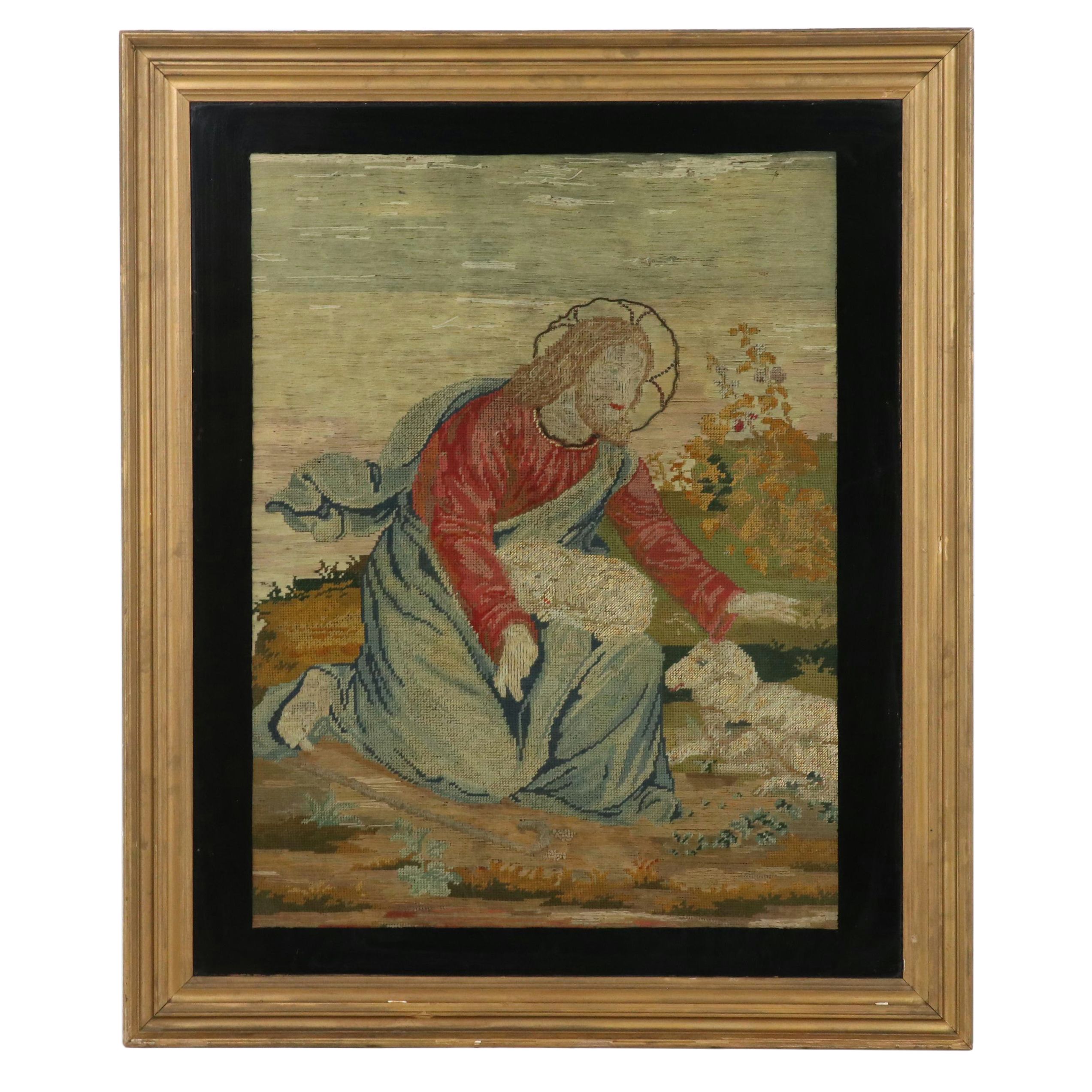 Victorian Needlework Tapestry of Jesus as Shepherd