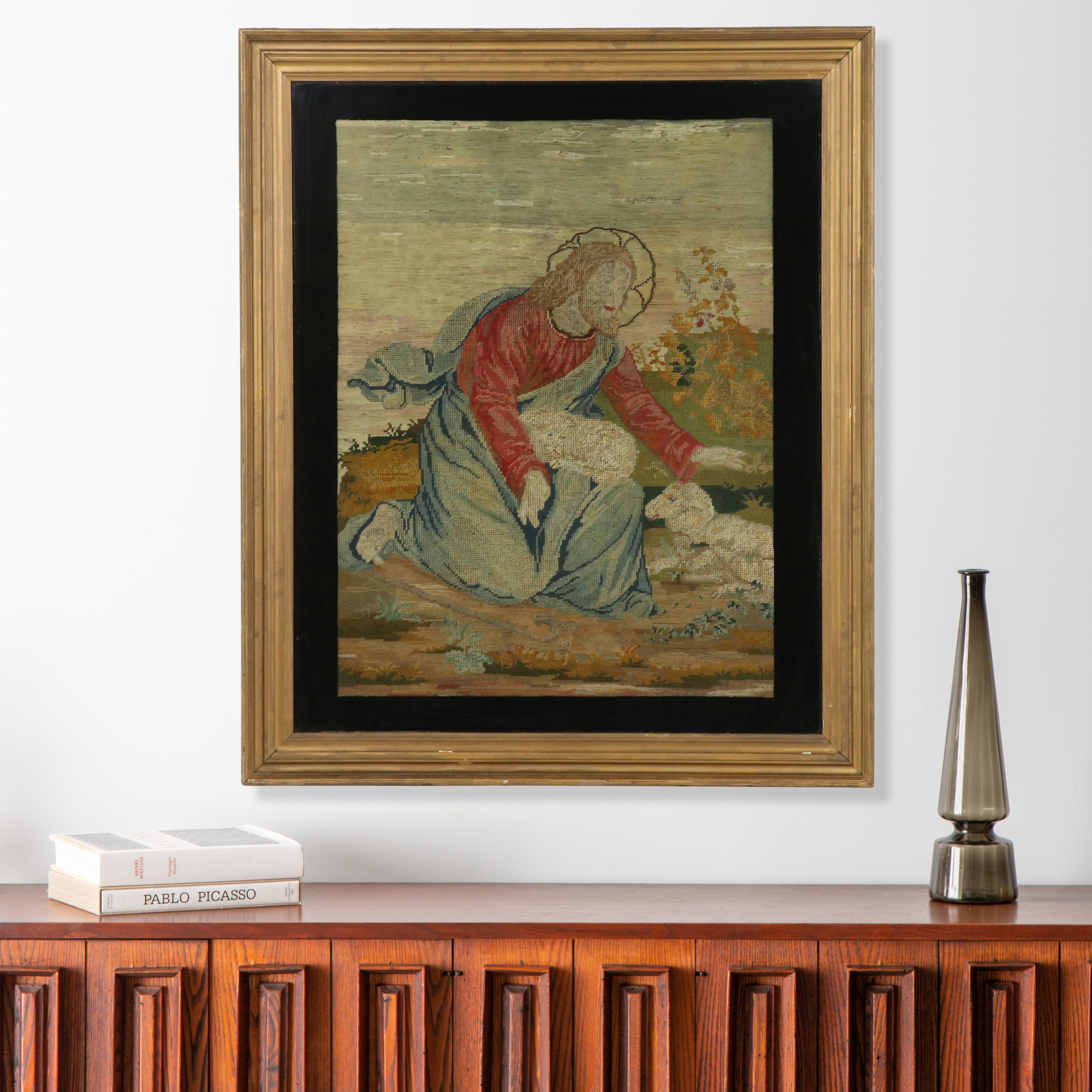 Victorian Needlework Tapestry of Jesus as Shepherd