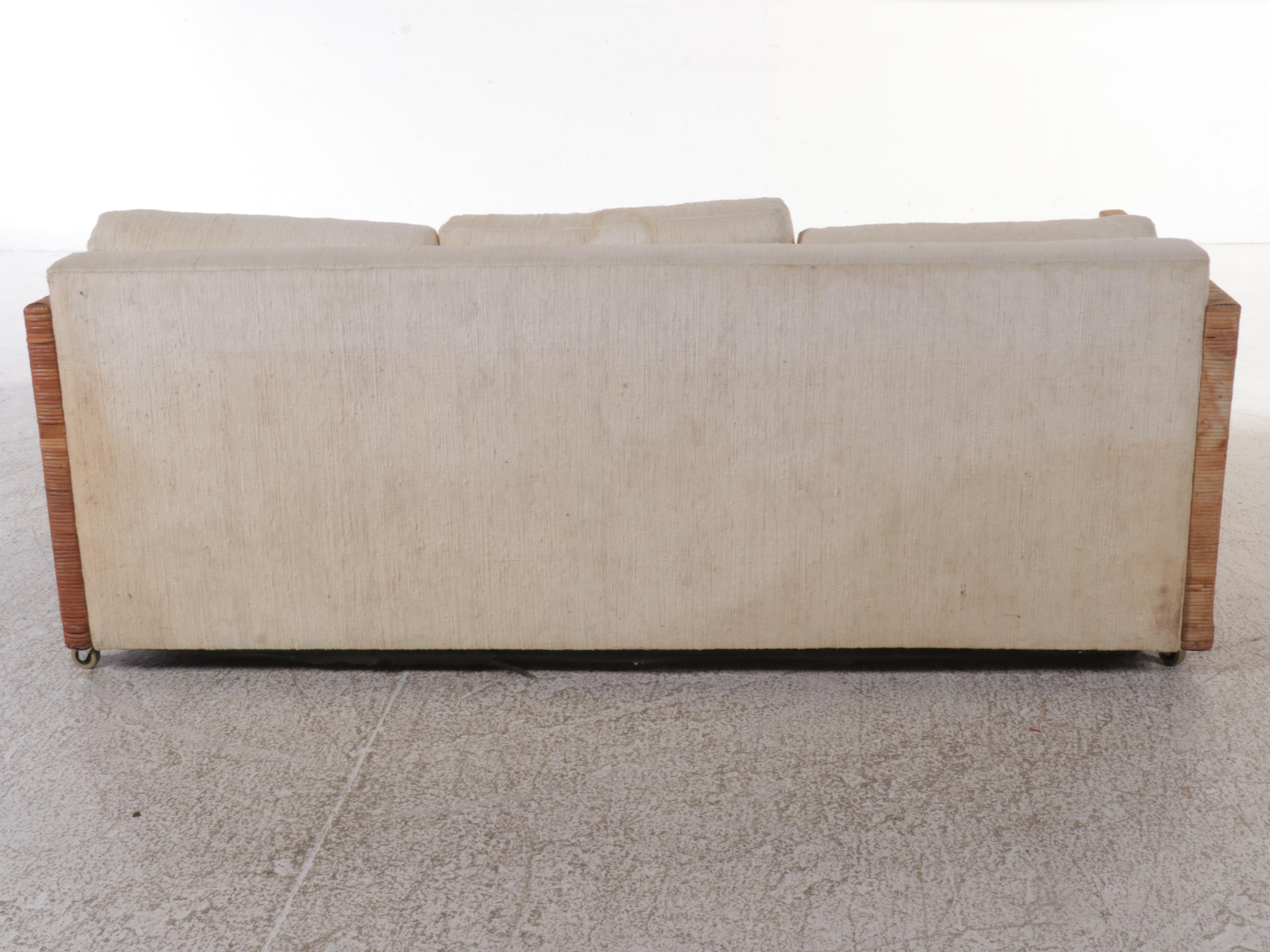 Rattan and Chenille Upholstered Sofa