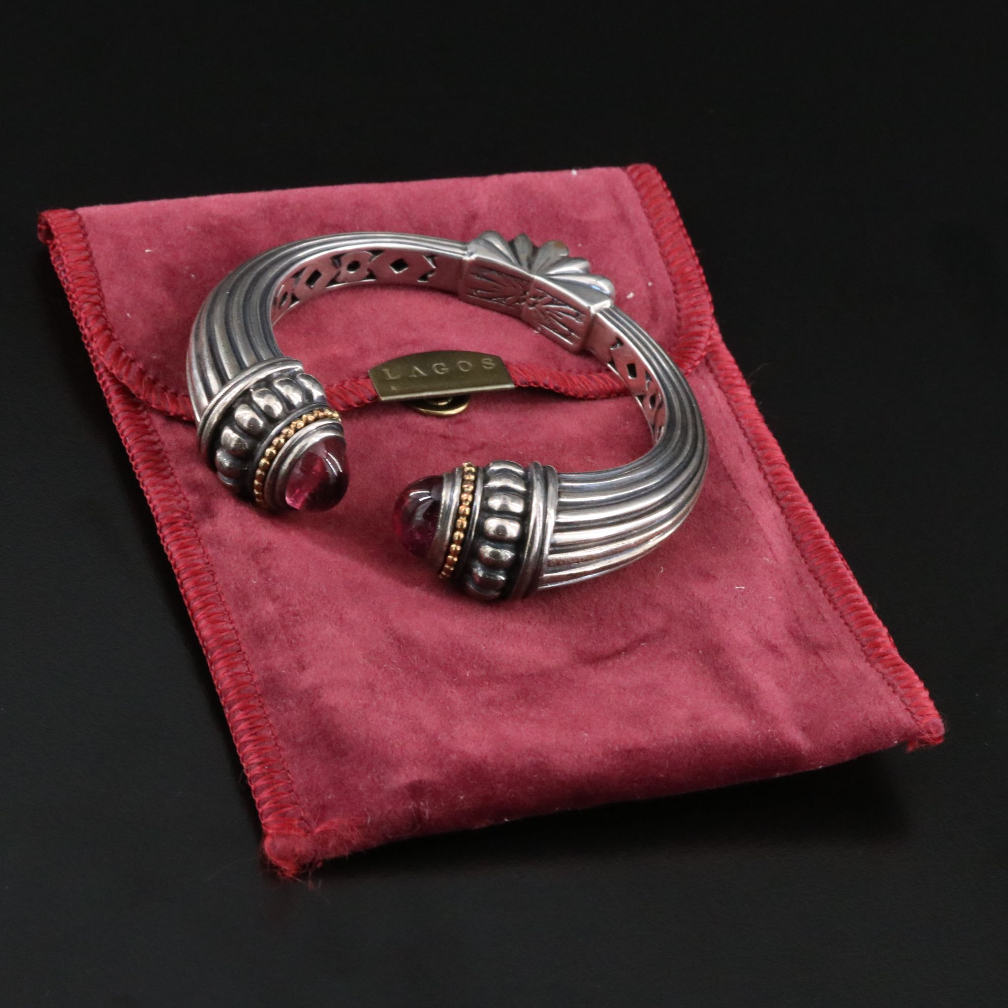 Caviar by Lagos Sterling and Pink Tourmaline Hinged Cuff with 18K Accents