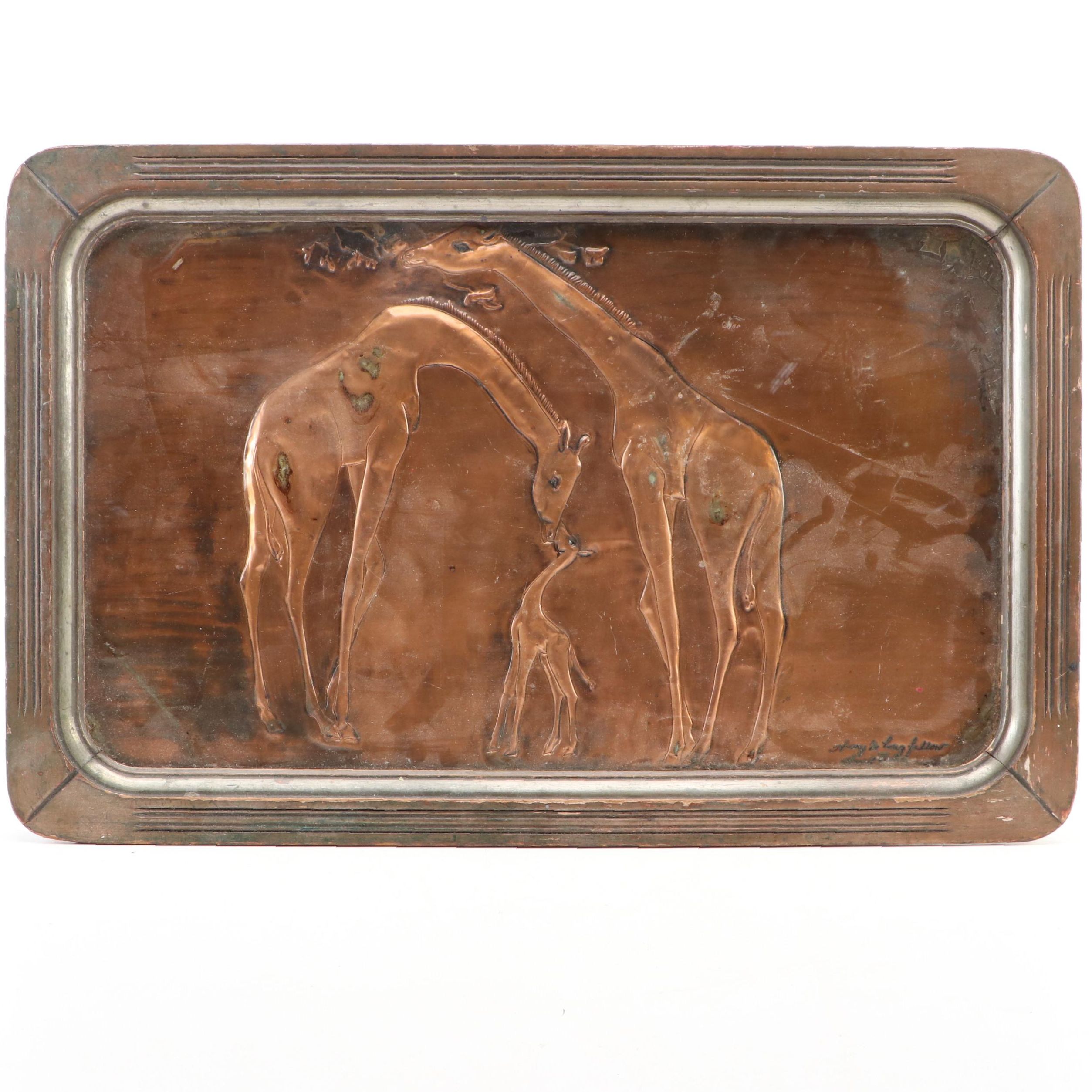 Harry W. Longfellow Chased Metal Relief of Giraffe Family