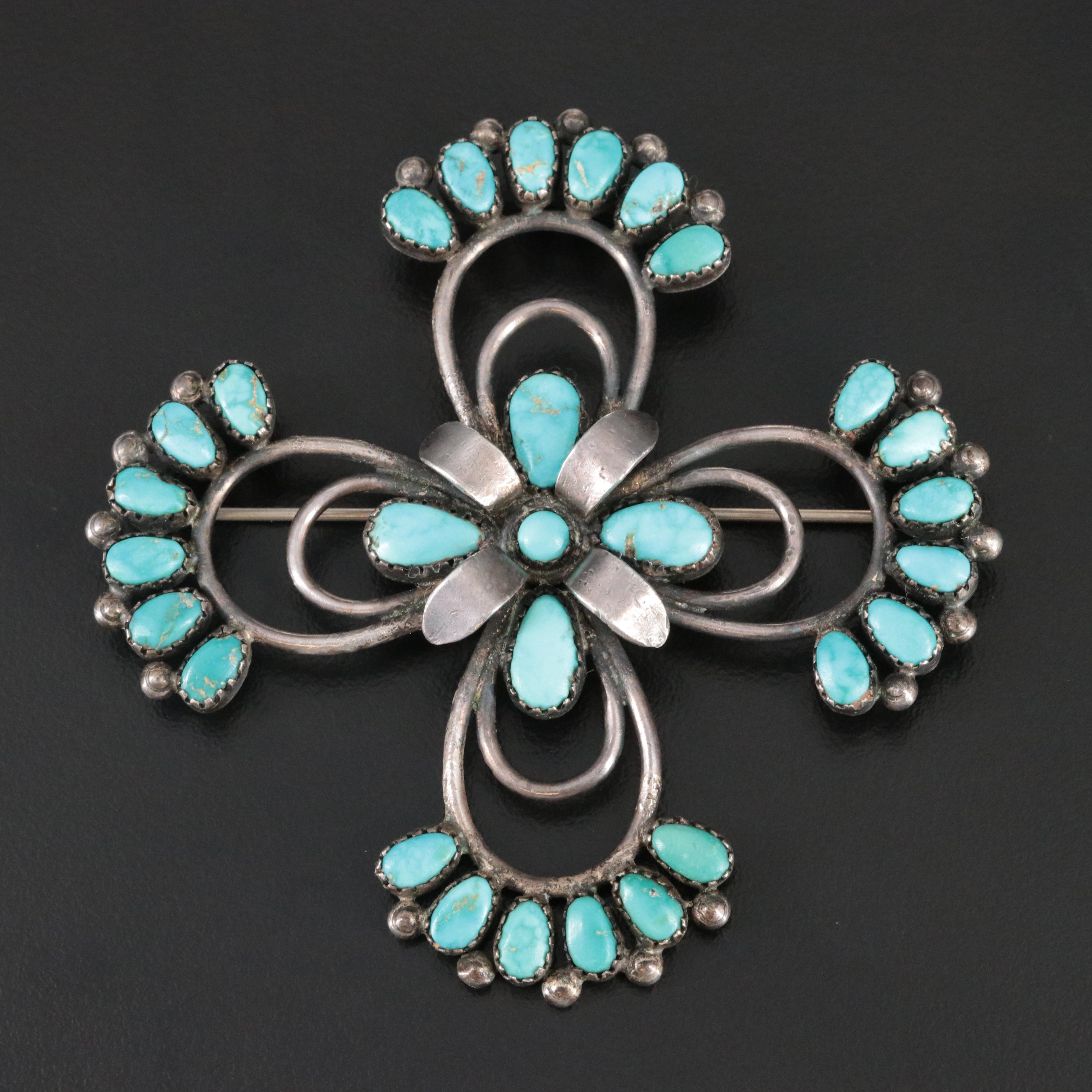 Southwestern Style Sterling Turquoise Flower Brooch