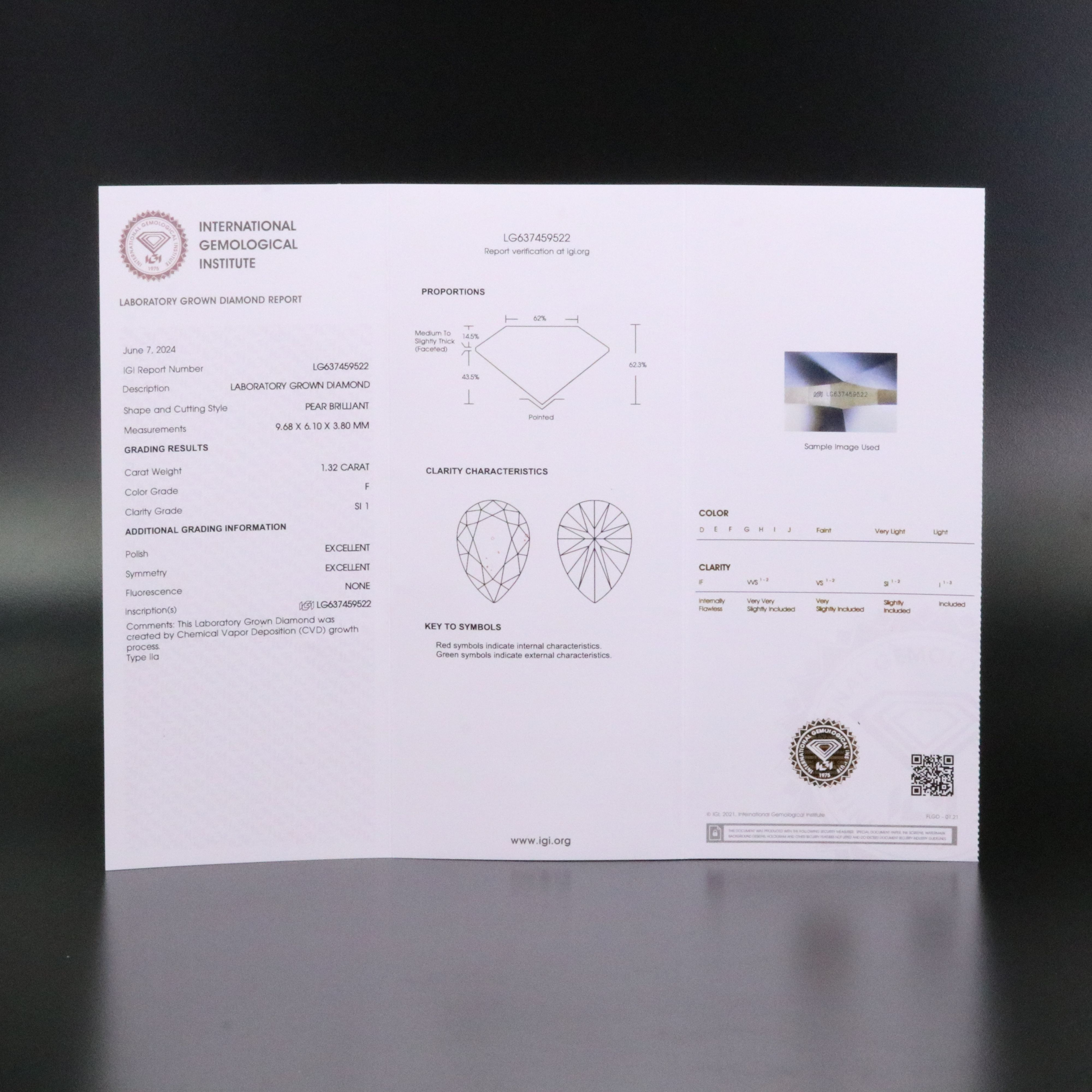 Loose 1.32 CT Lab Grown Diamond with IGI Report