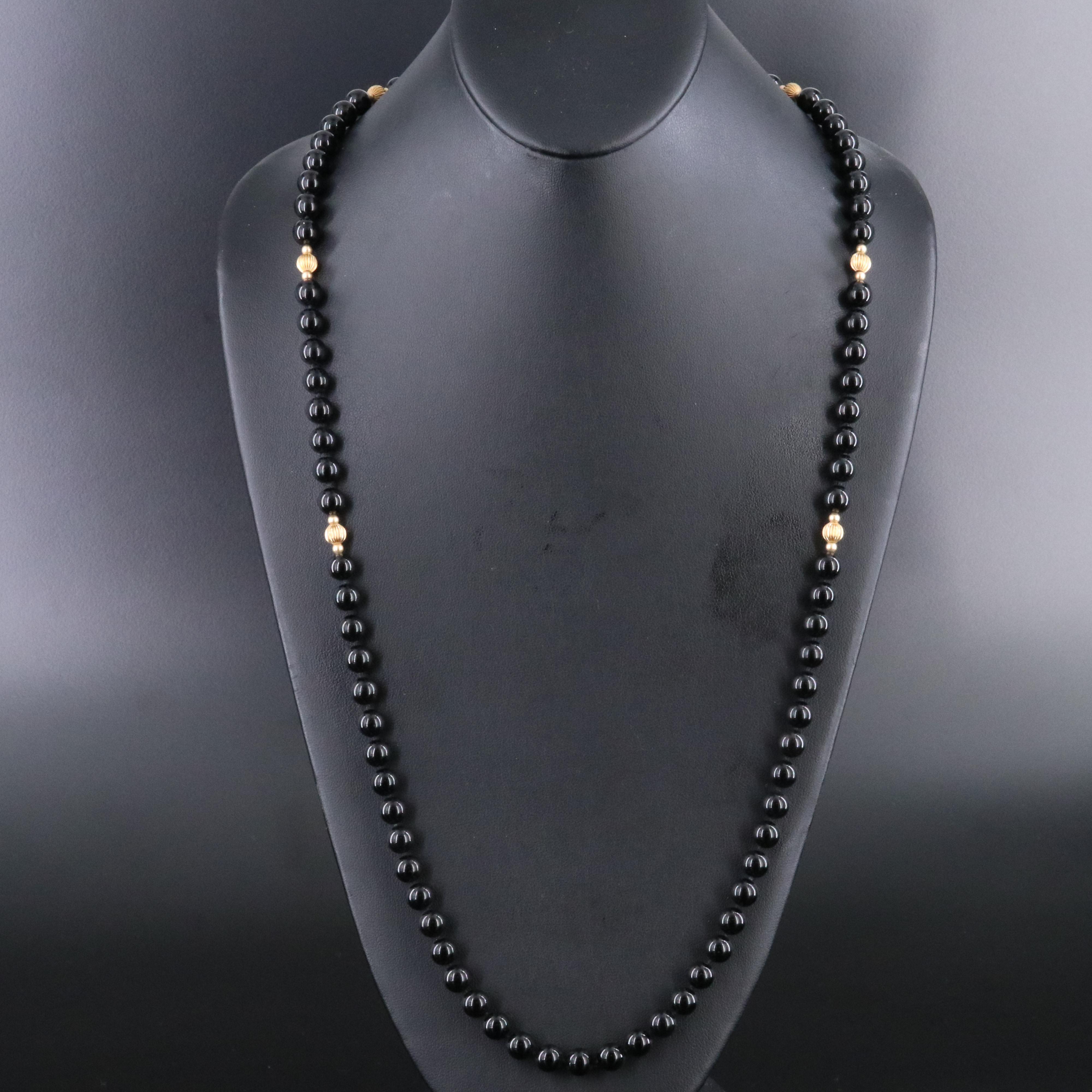 14K Black Onyx and Fluted Bead Endless Necklace