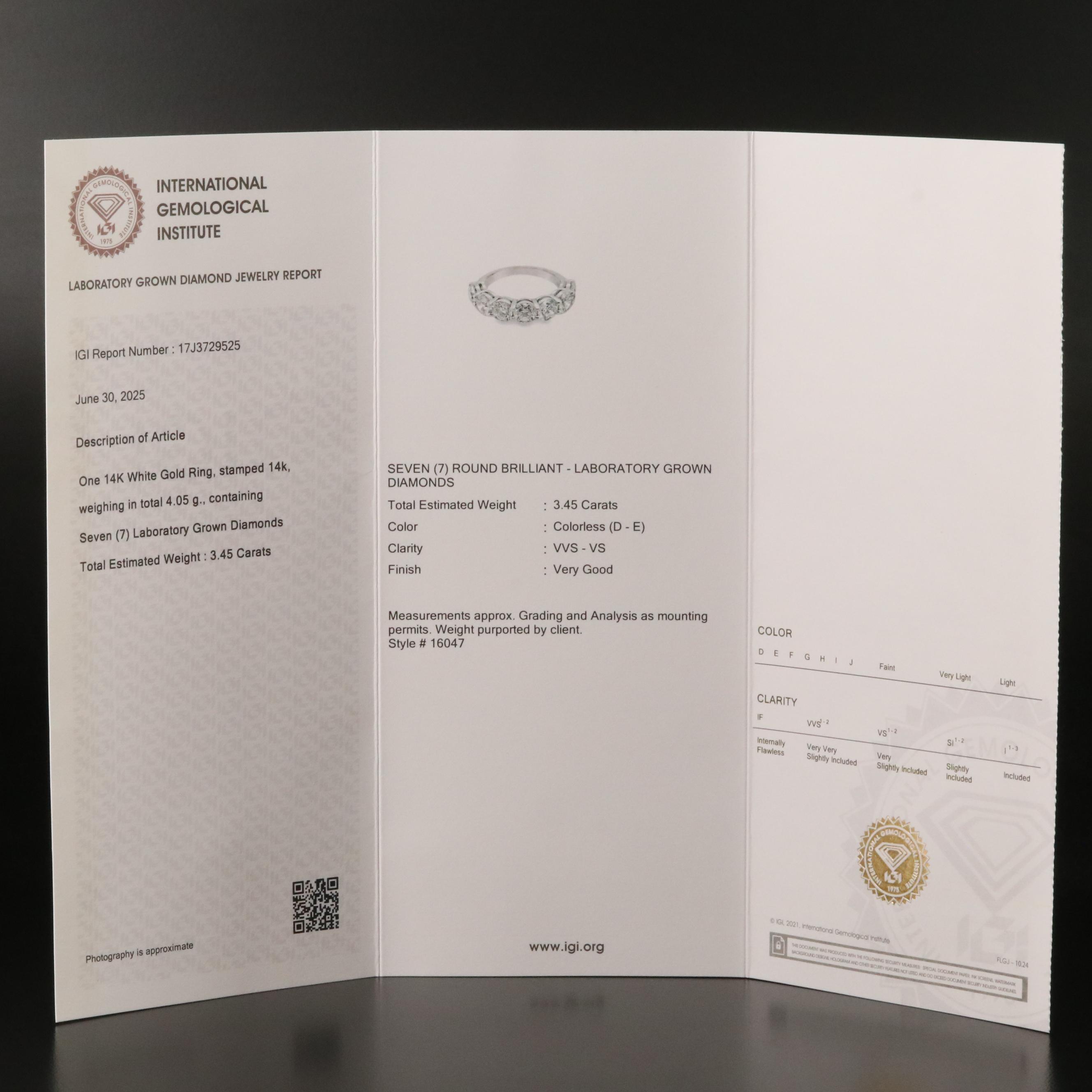 14K 3.45 CTW Lab Grown Diamond Ring with IGI Report