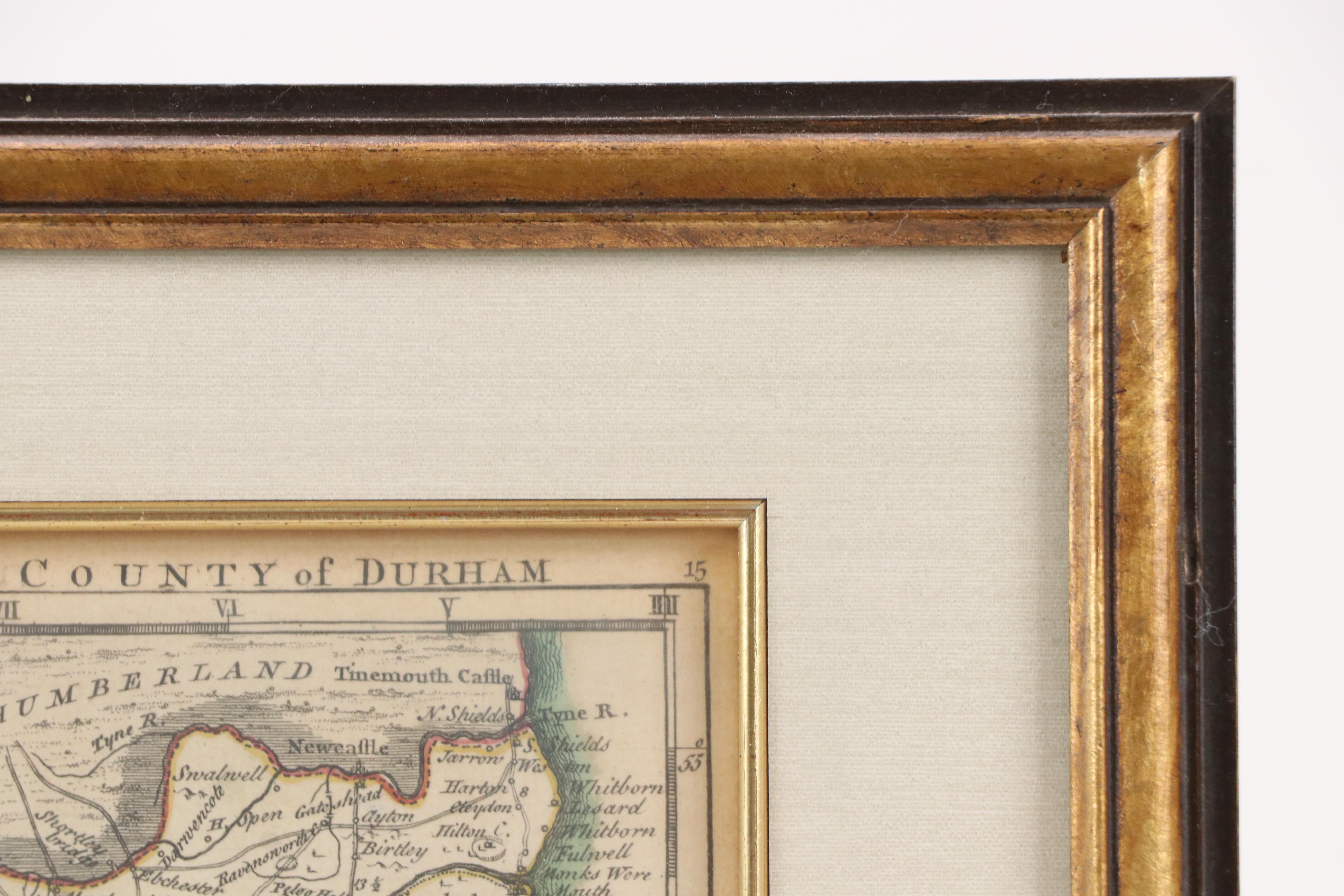 English Hand-Colored Engraved Map of County Durham, 18th Century