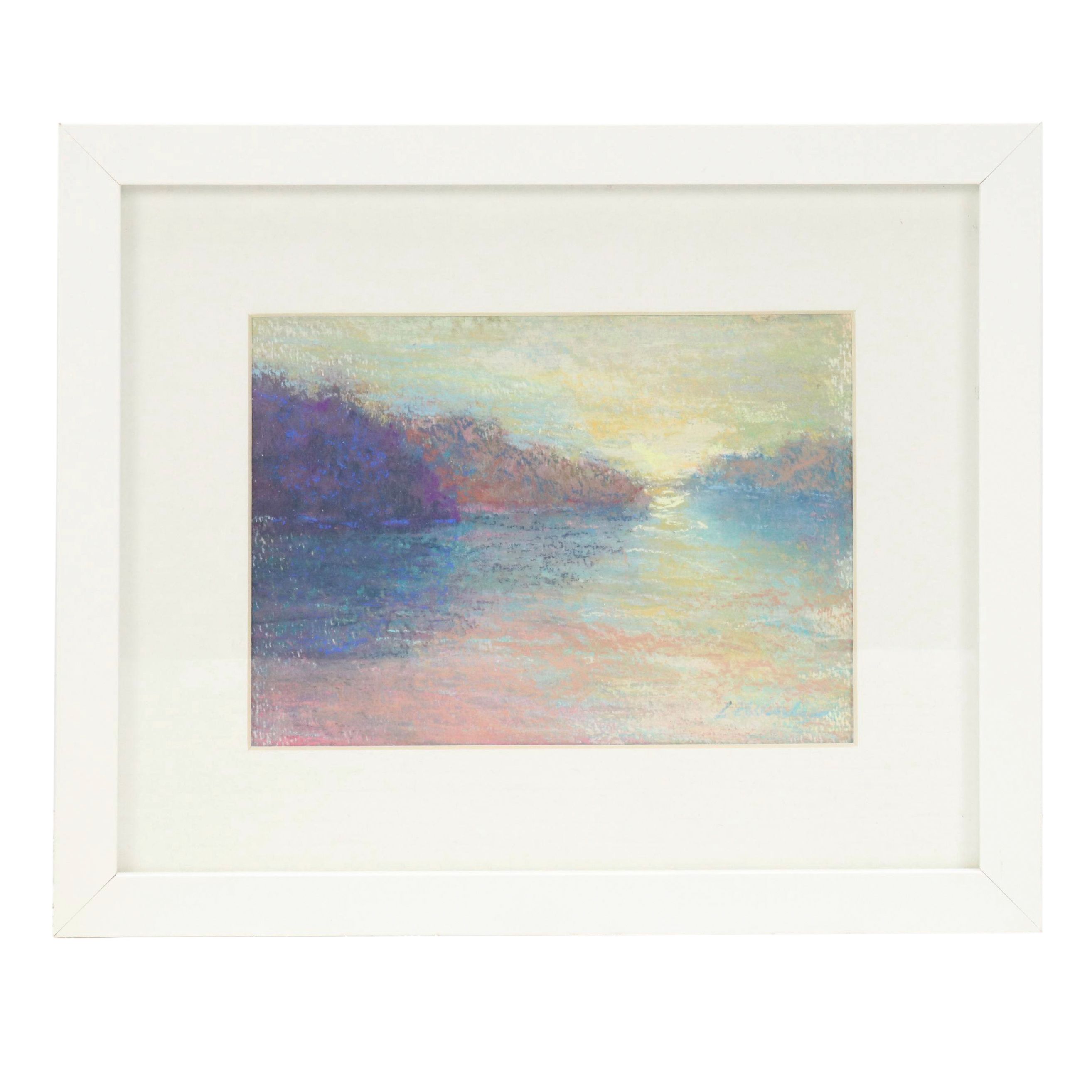 Impressionist Style Chalk Pastel Landscape Drawing of Sunset on River