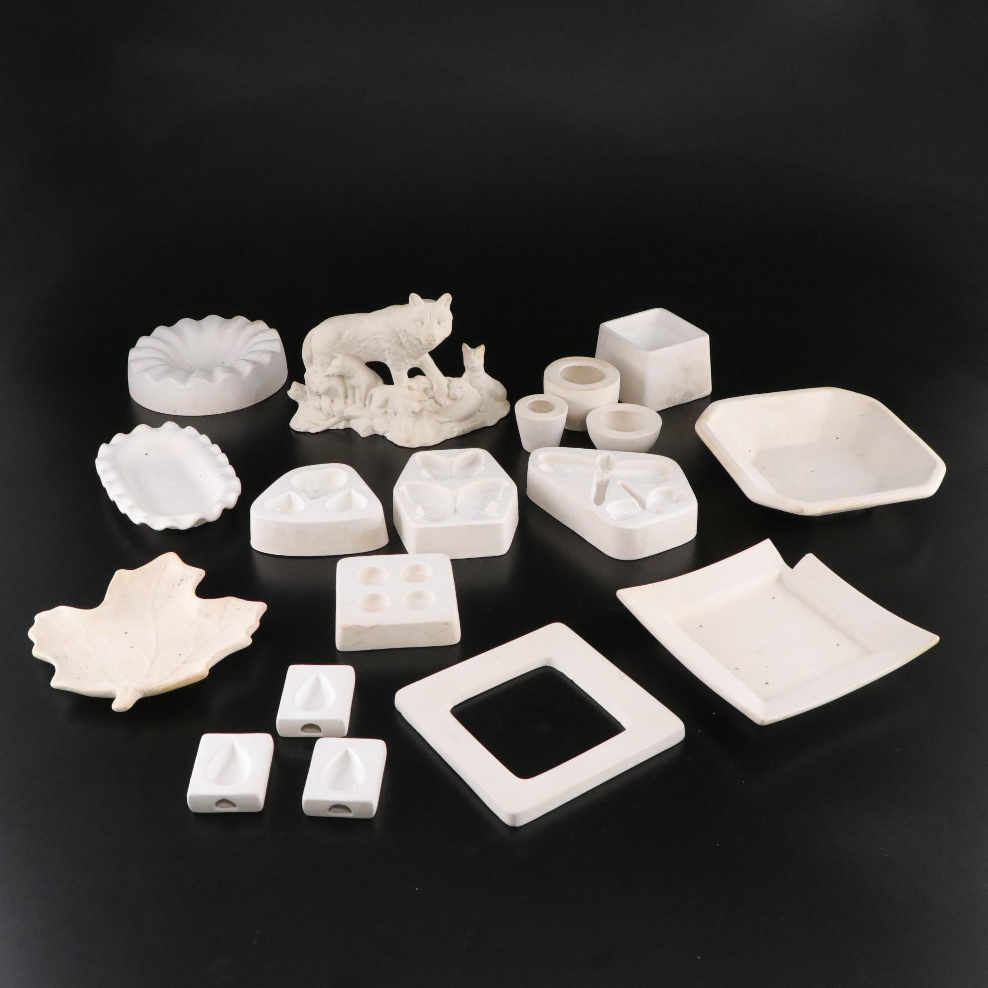 Plaster Molds, Leaf Dish & Wolf Statue