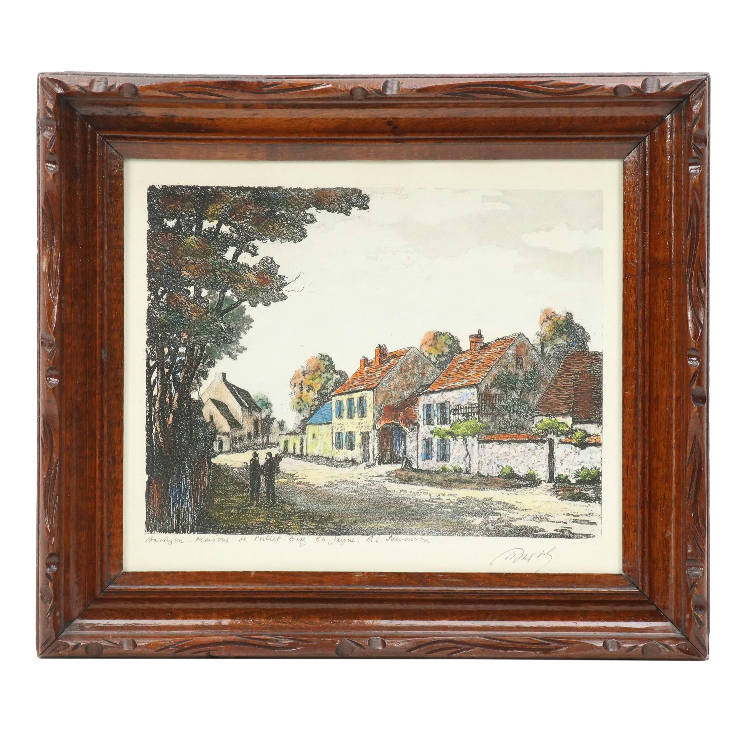 Maurice Jacques Hand-Colored Aquatint Etching "Maisons de Millet," Mid-19th C.