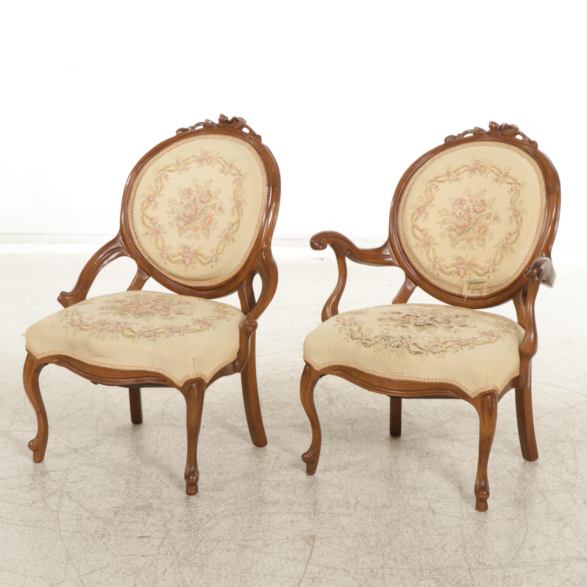 Pair of Louis XV Style Carved Walnut Oval Back Chairs