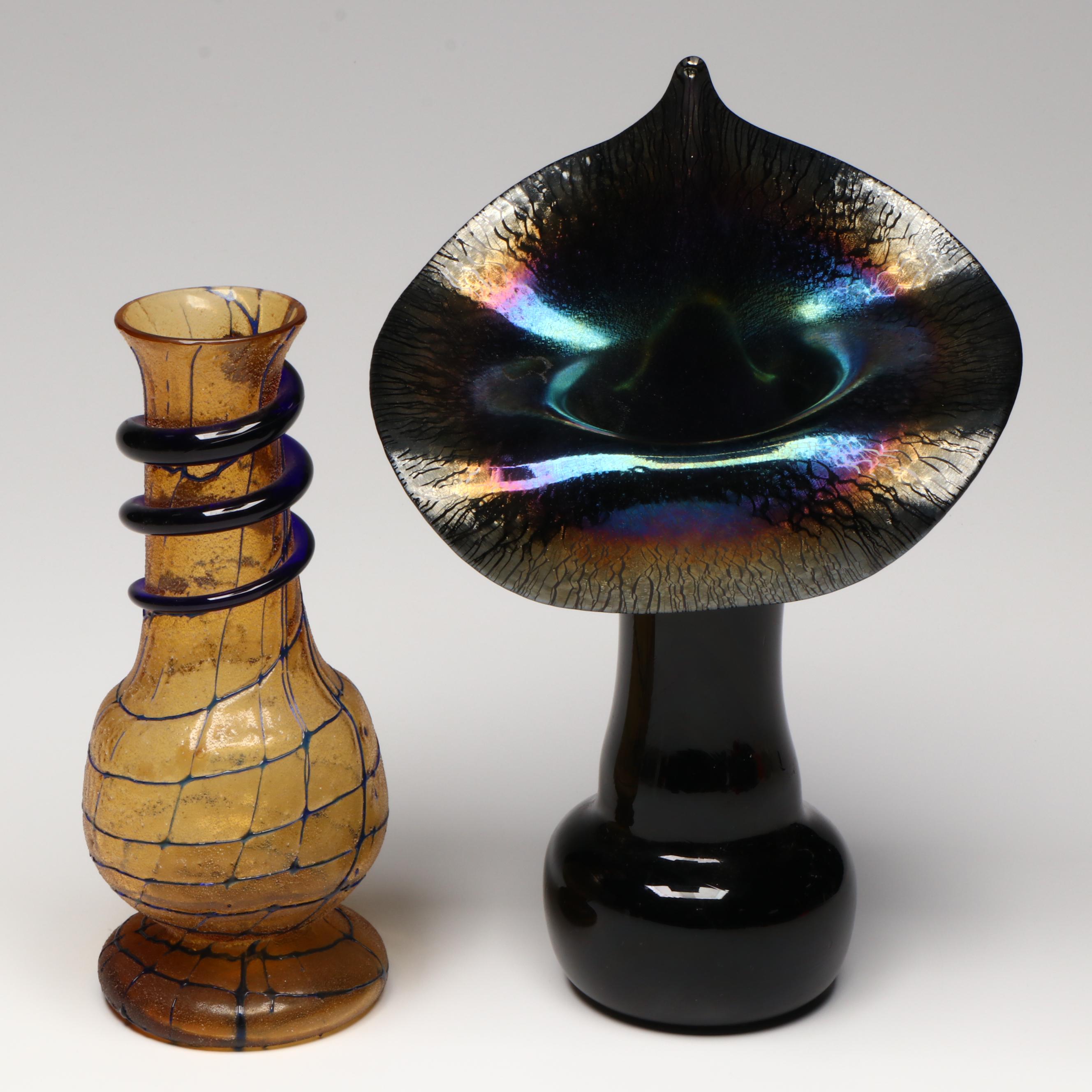 Signed Jack-in-the-Pulpit Art Glass Vase and Amber and Cobalt Studio Glass Vase
