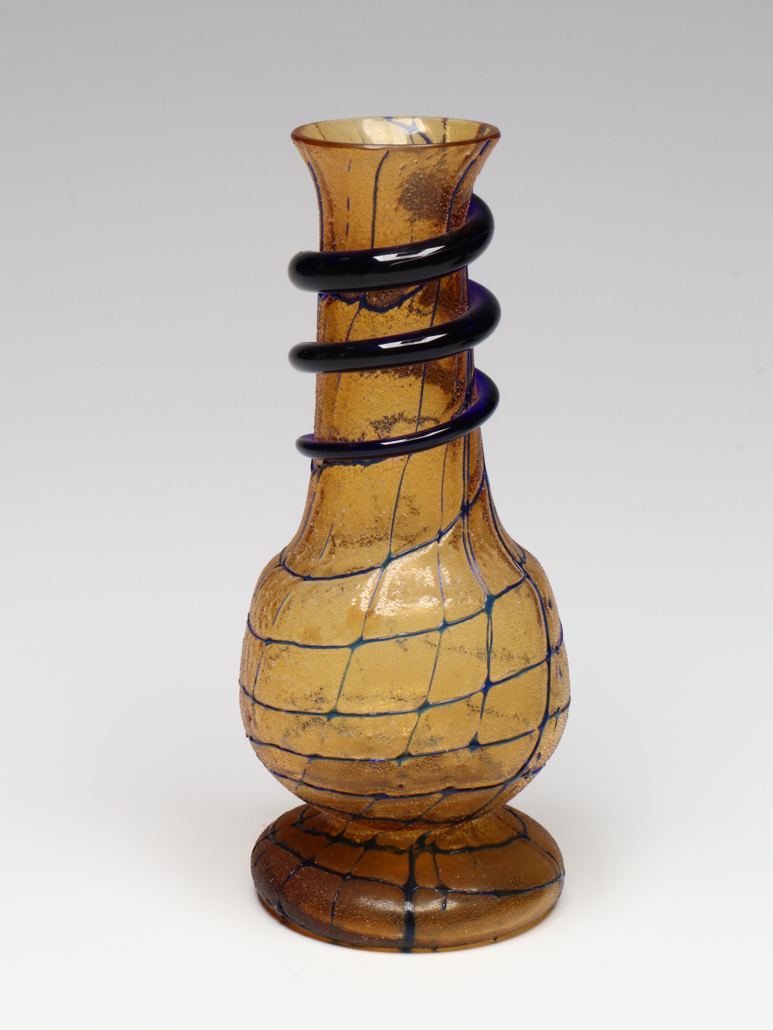 Signed Jack-in-the-Pulpit Art Glass Vase and Amber and Cobalt Studio Glass Vase