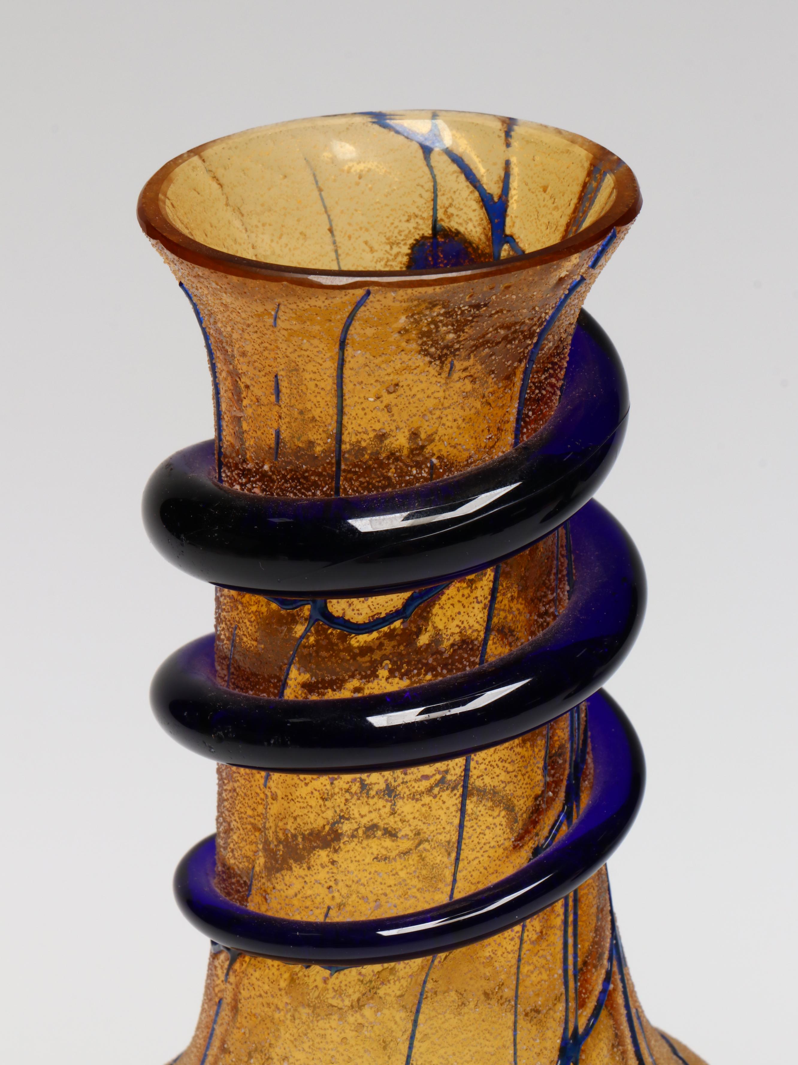 Signed Jack-in-the-Pulpit Art Glass Vase and Amber and Cobalt Studio Glass Vase