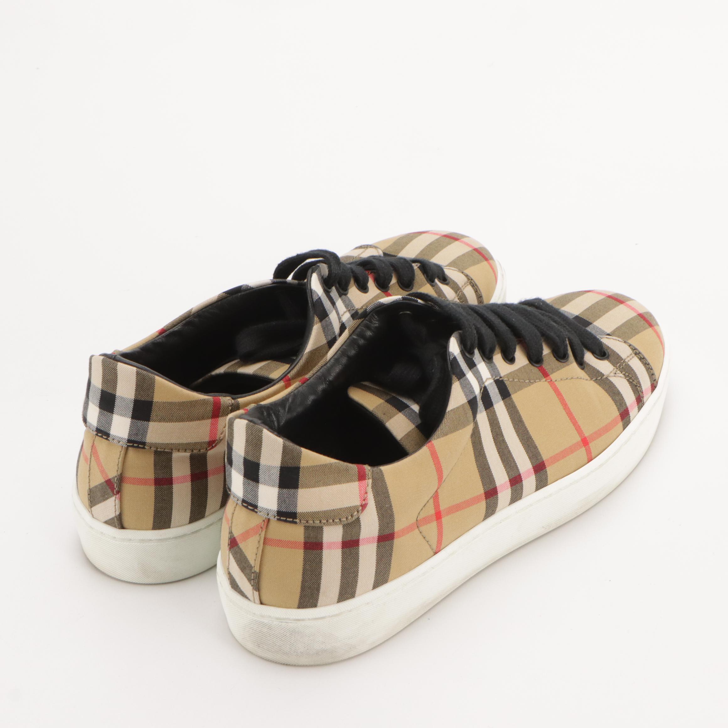 Burberry Check and Black Leather Lace-Up Sneakers