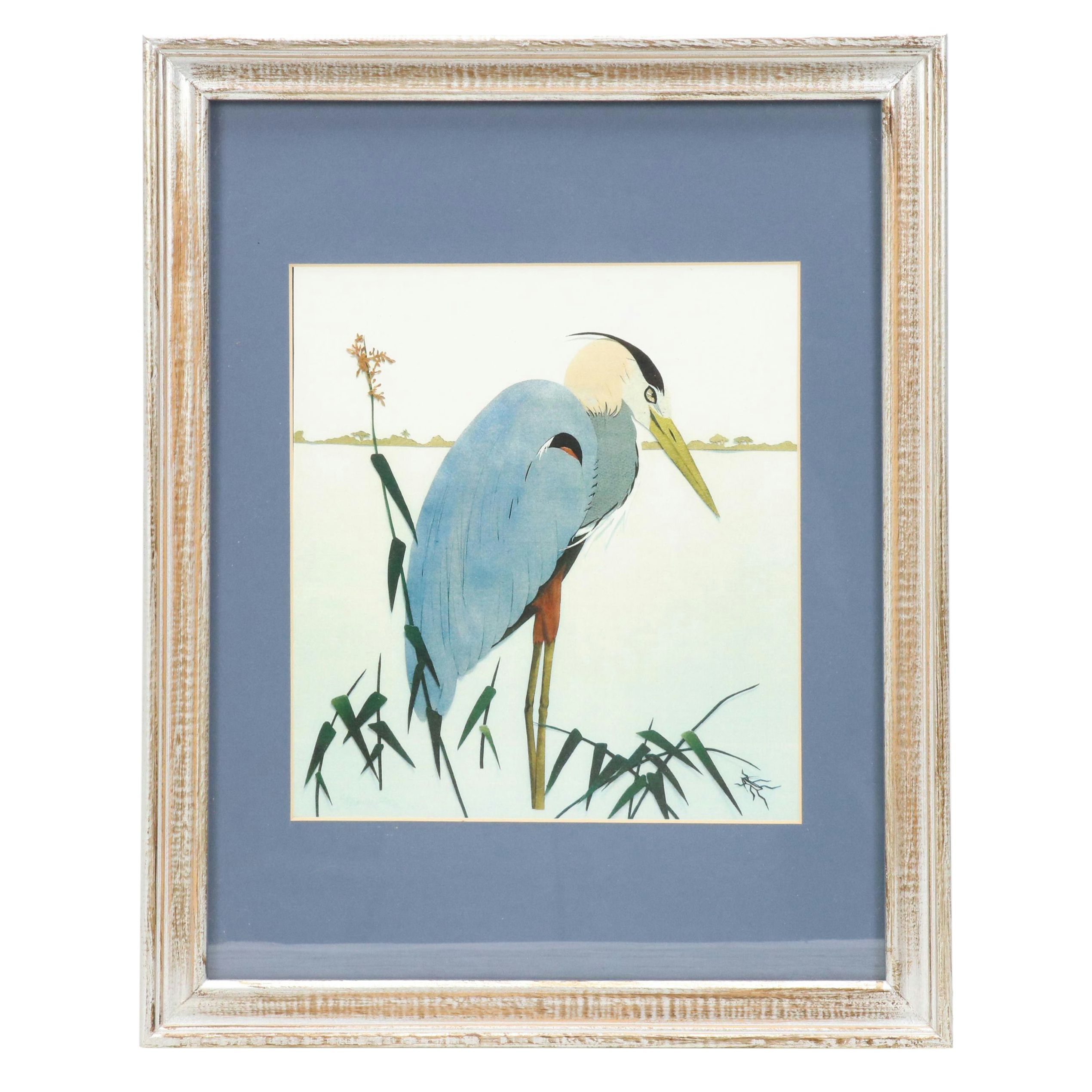 Offset Lithograph of East Asian Style Blue Heron and Grasshopper