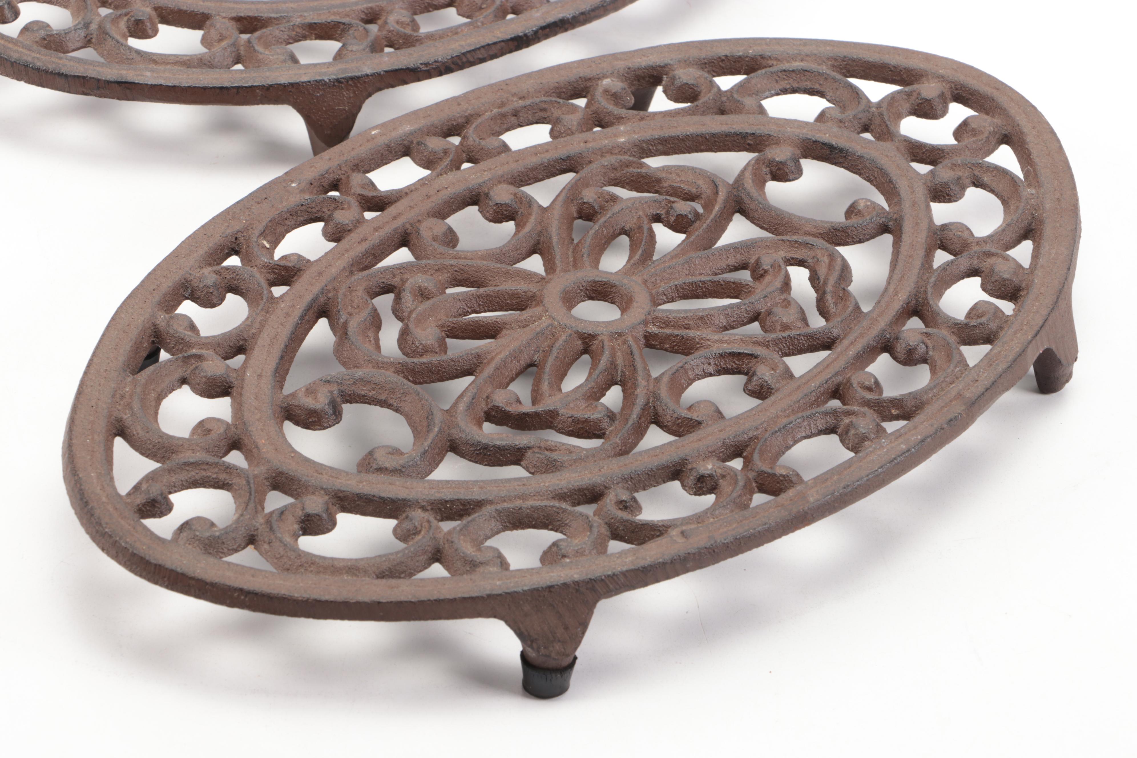 Cast Iron Floral Pattern Footed Trivets