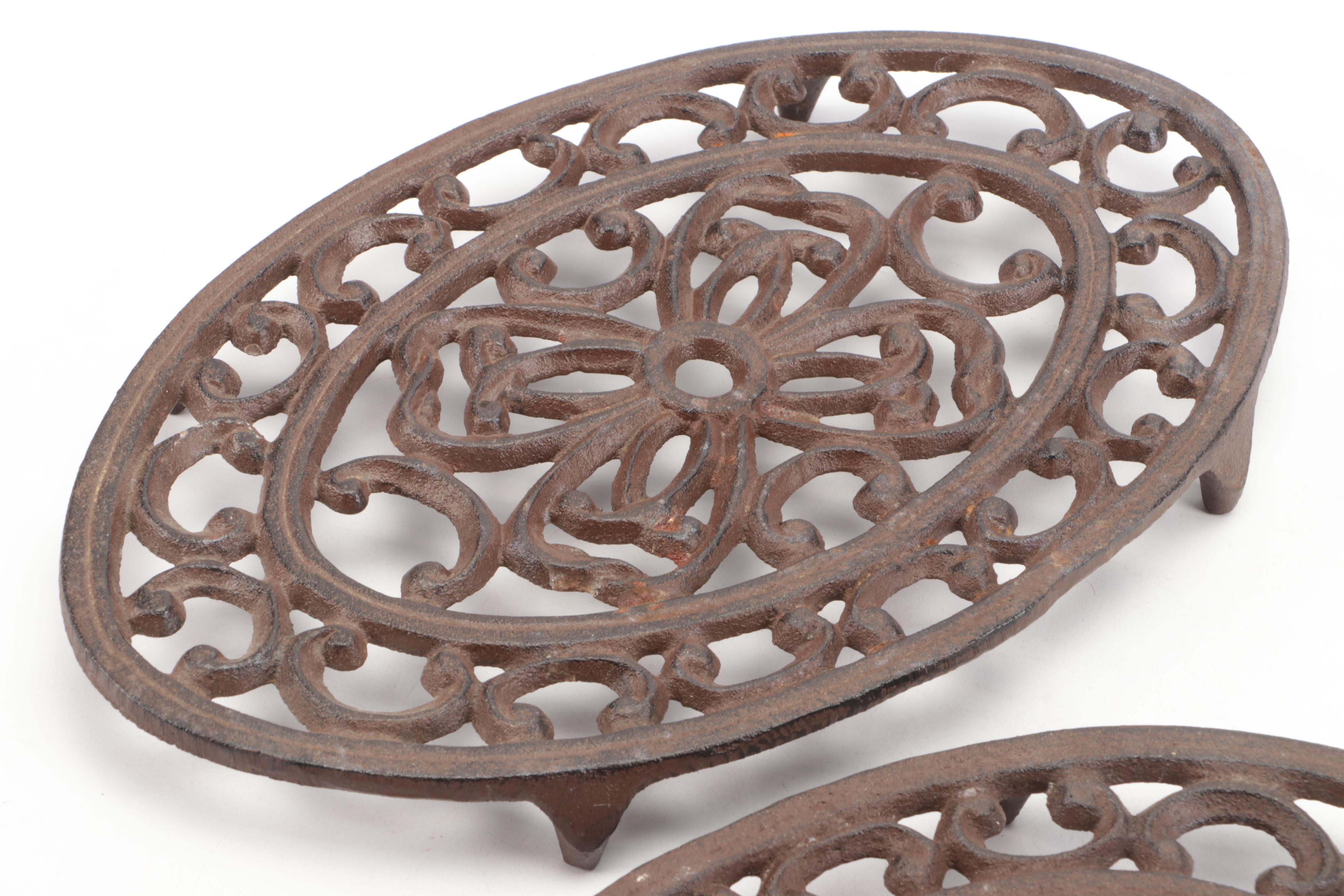 Cast Iron Floral Pattern Footed Trivets