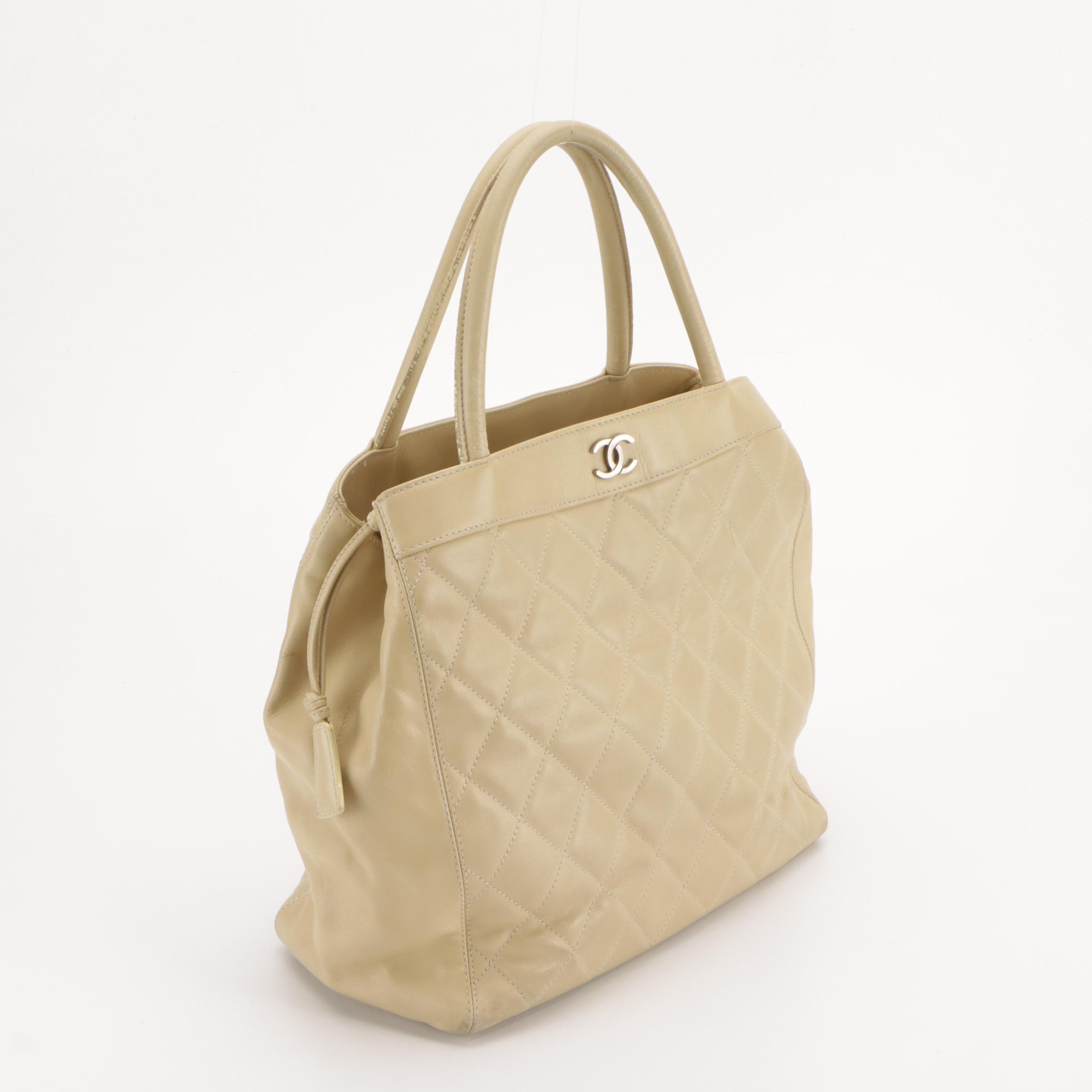 Chanel Top Handle Bag in Beige Quilted Calfskin Leather