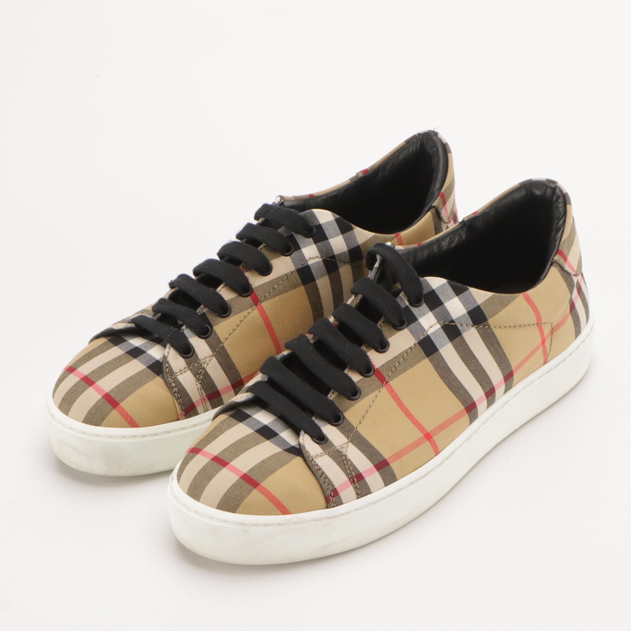 Burberry Check and Black Leather Lace-Up Sneakers