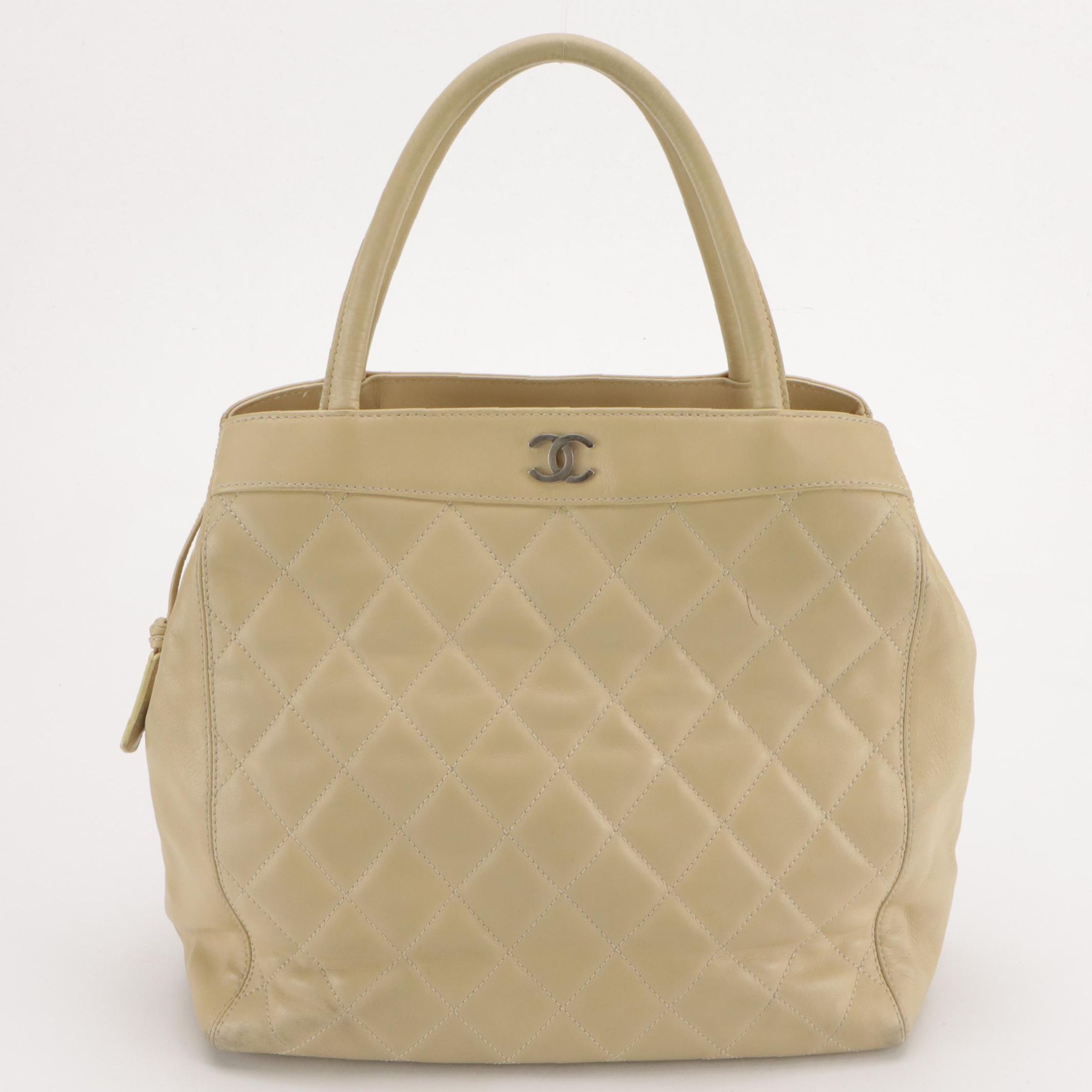 Chanel Top Handle Bag in Beige Quilted Calfskin Leather