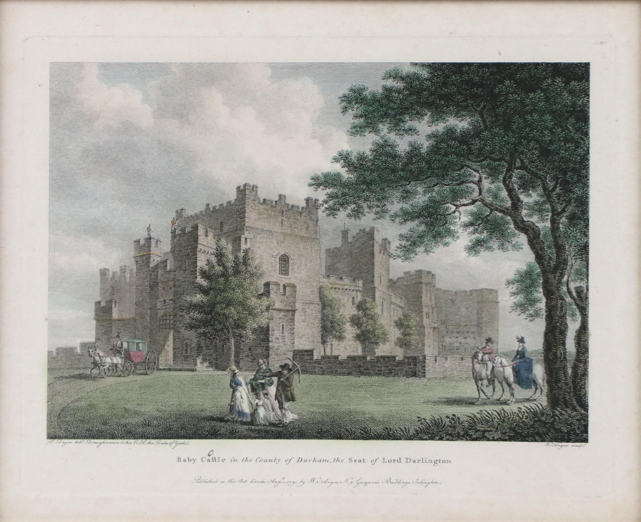 English Hand-Colored Engraving of Raby Castle, Mid to Late 19th Century