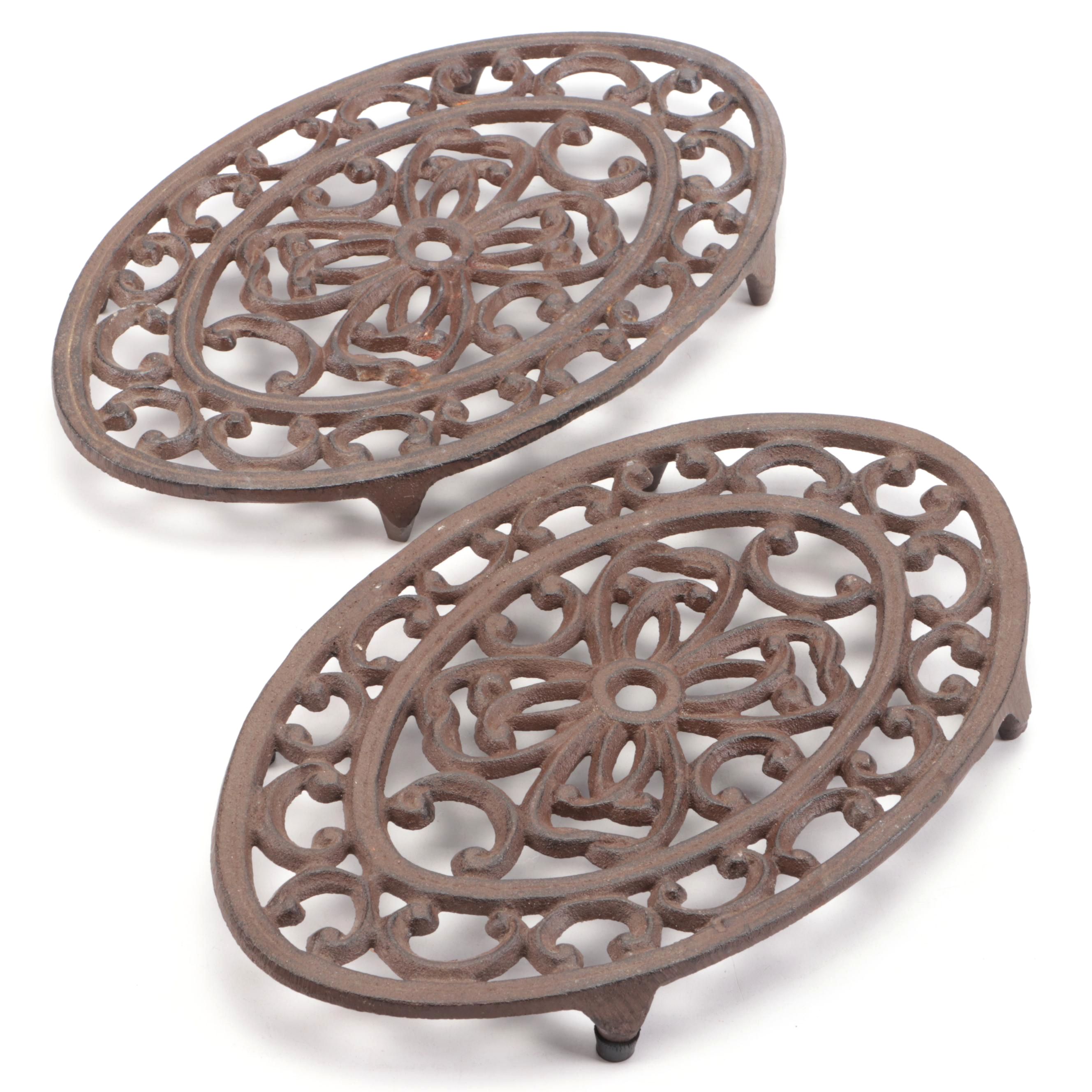 Cast Iron Floral Pattern Footed Trivets
