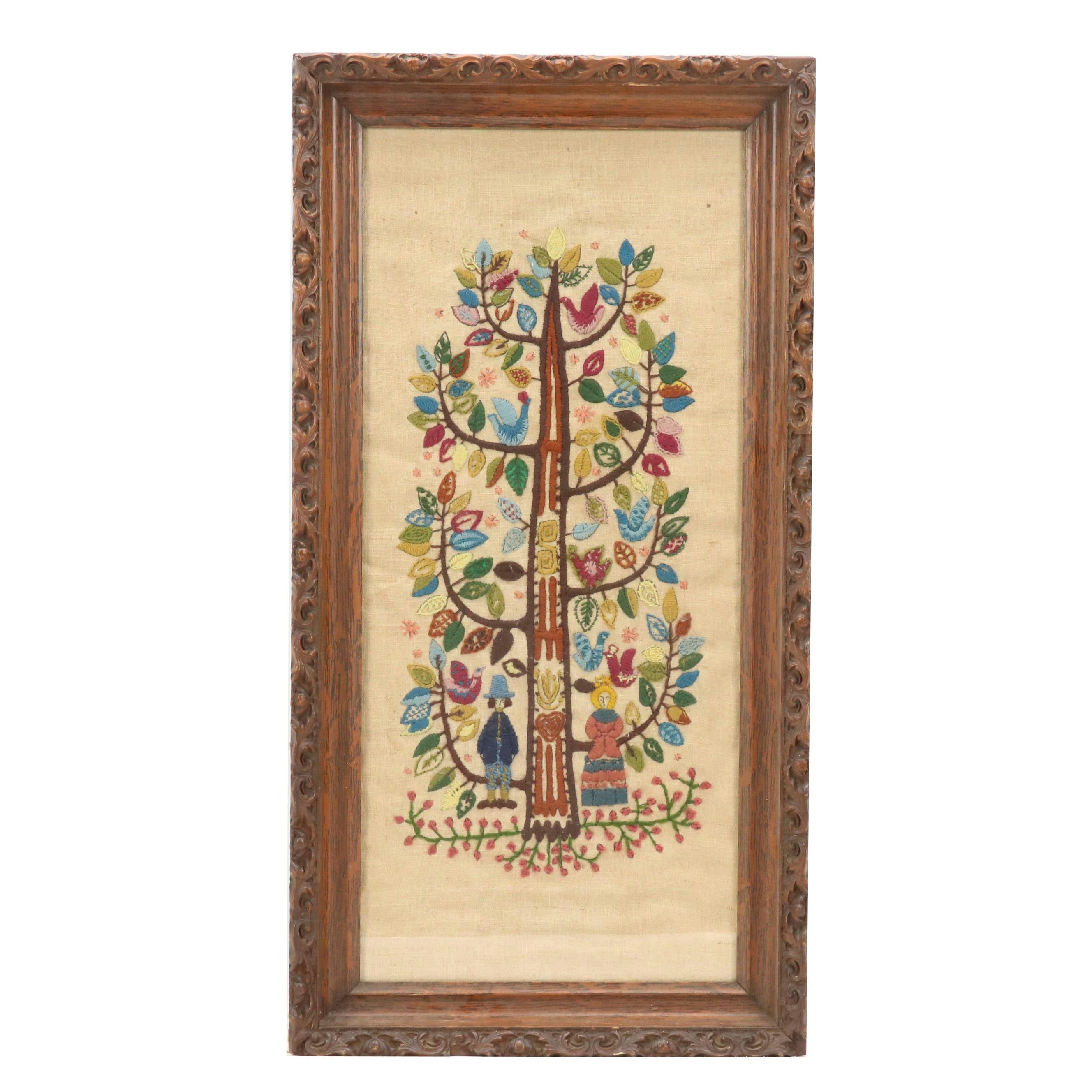 Handmade Embroidery of Folk Art Colonial Couple Under Tree of Life