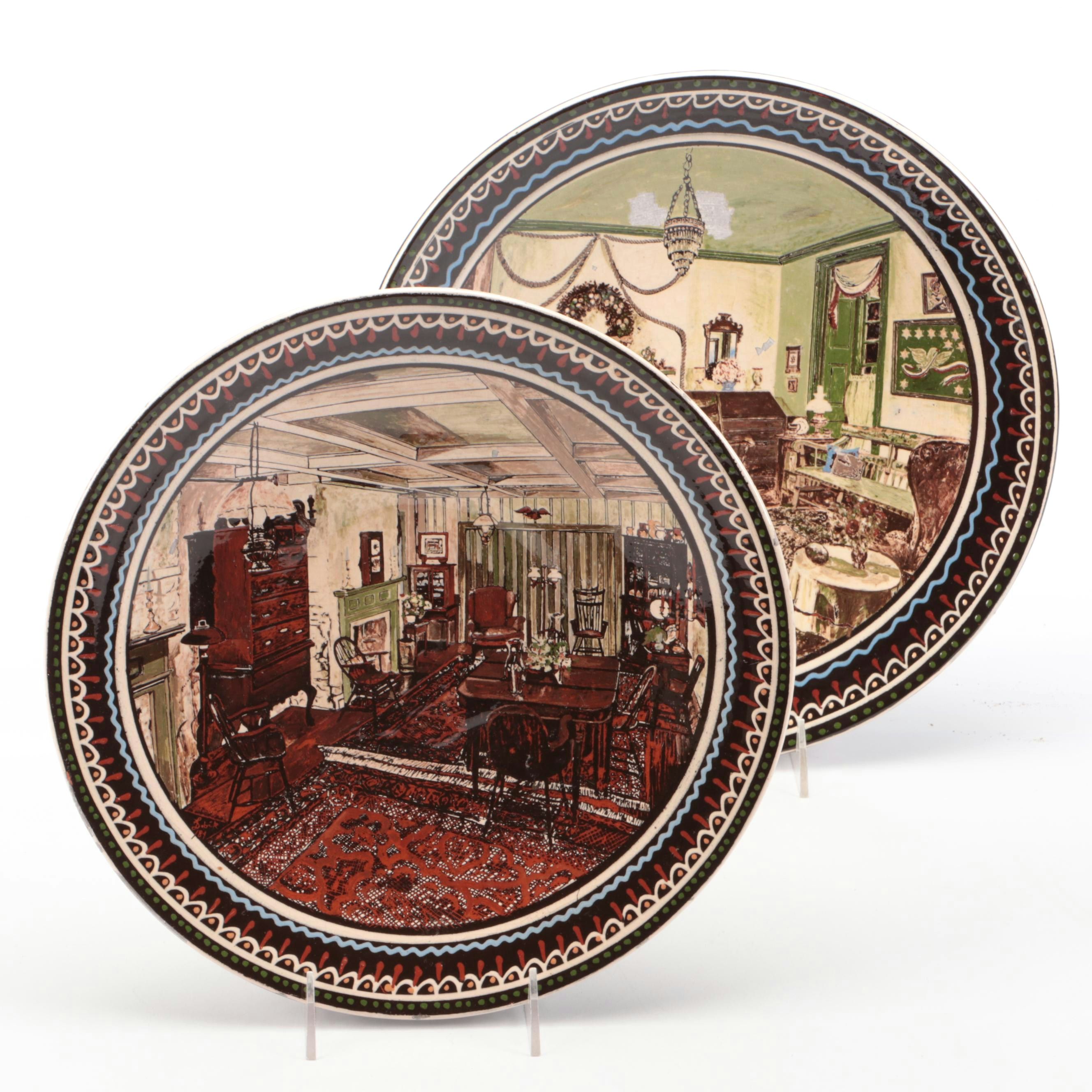 Labik and Other Slip Glazed Redware Chargers Depicting Interior Scenes