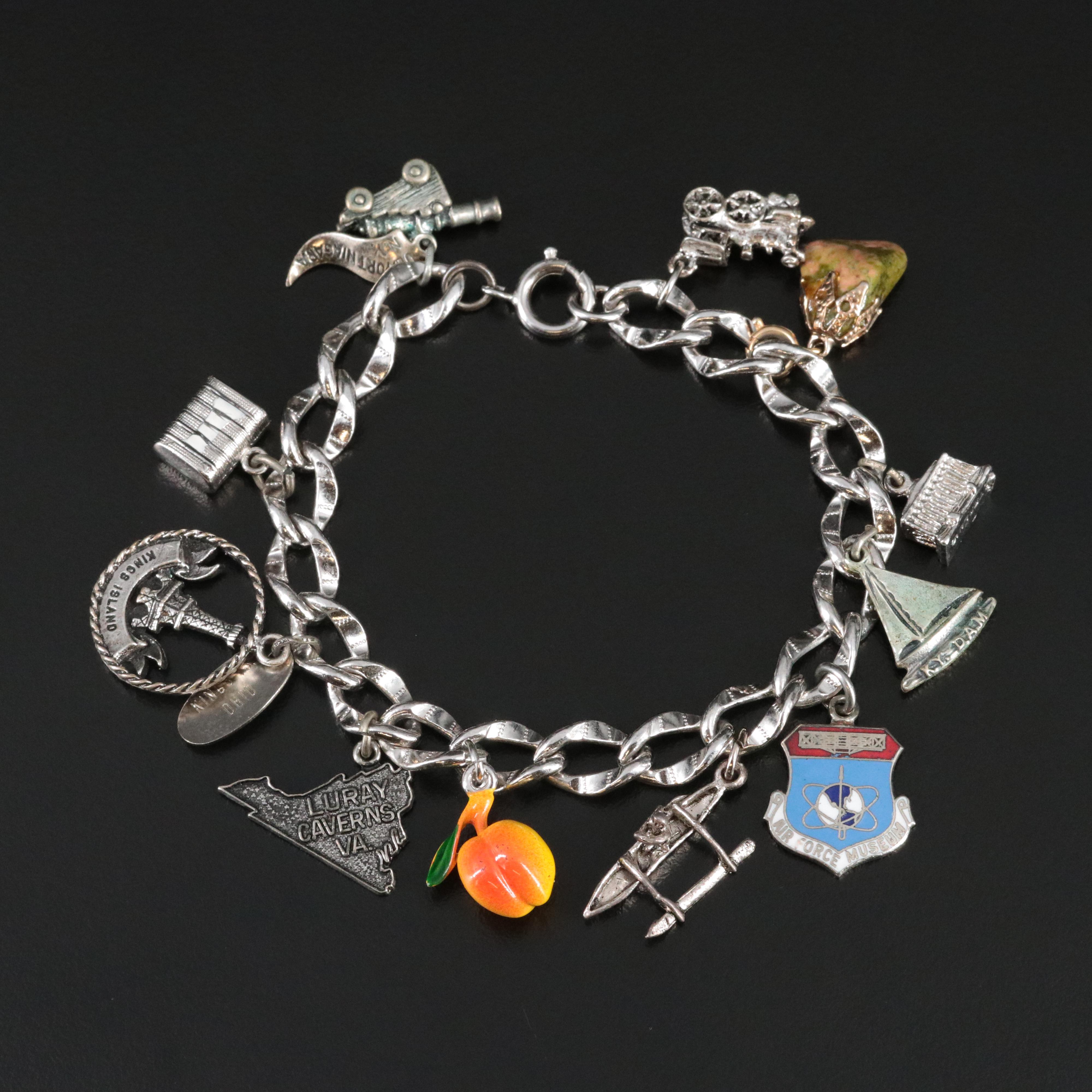 Vintage Sterling Bracelet with Enamel and Jasper Charms