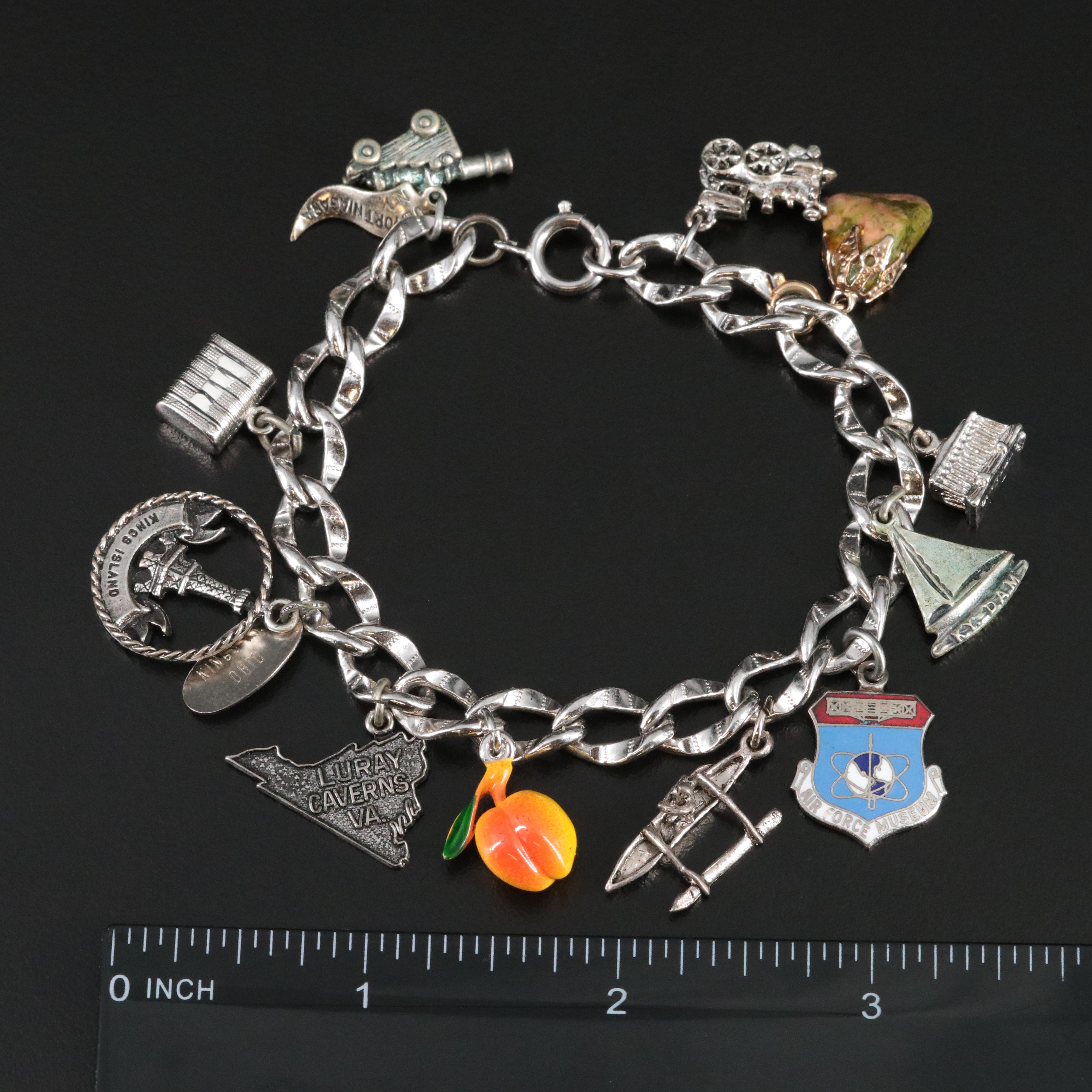 Vintage Sterling Bracelet with Enamel and Jasper Charms