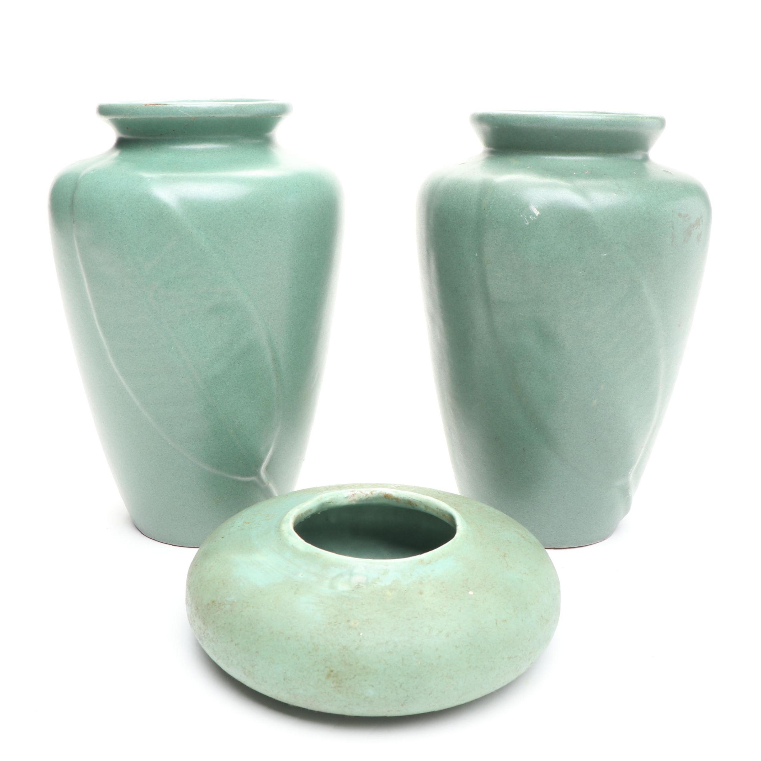 Zanesville Pottery Matte Green Glaze Tobacco Leaf Production Vases
