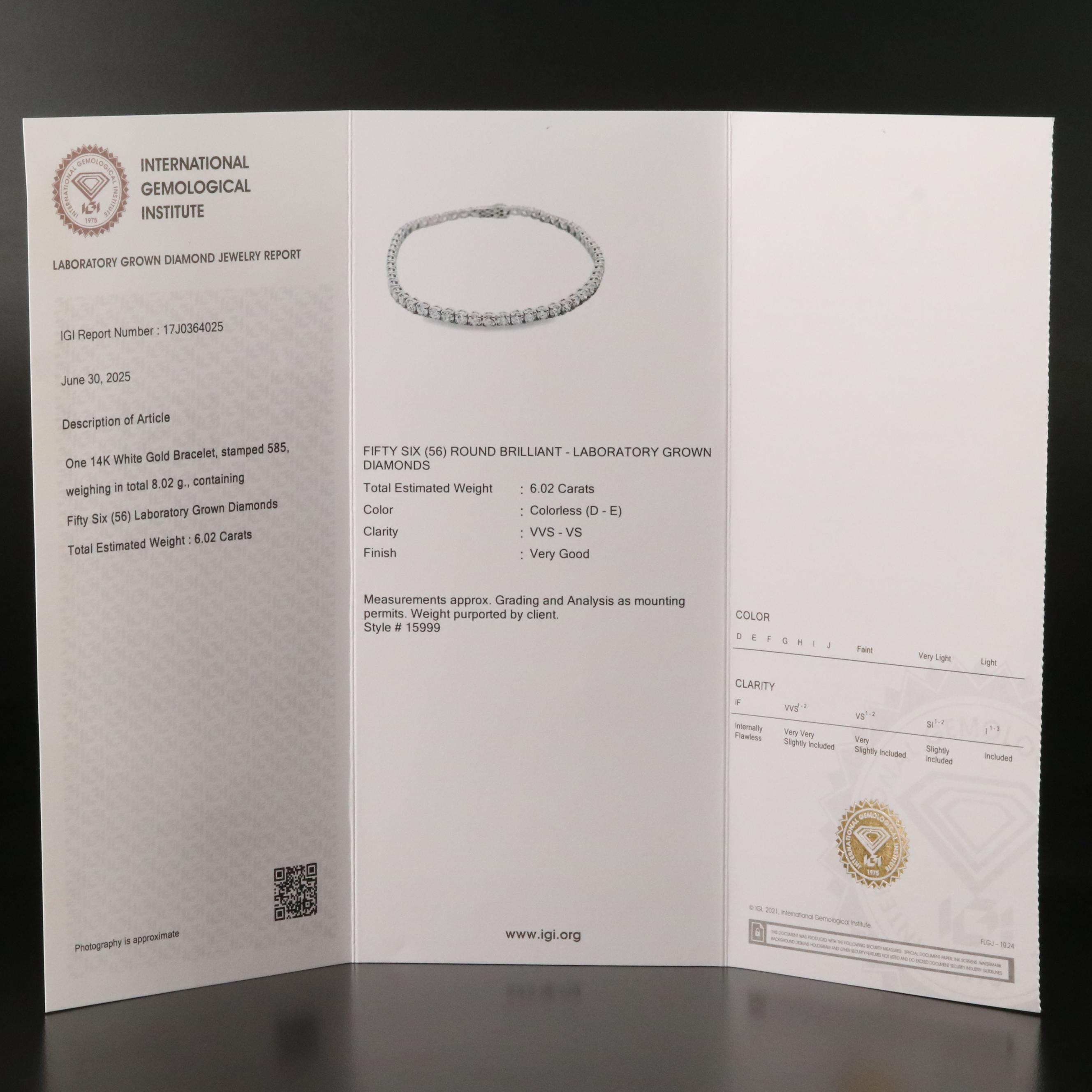 14K 6.02 CTW Lab Grown Diamond Line Bracelet with IGI Report