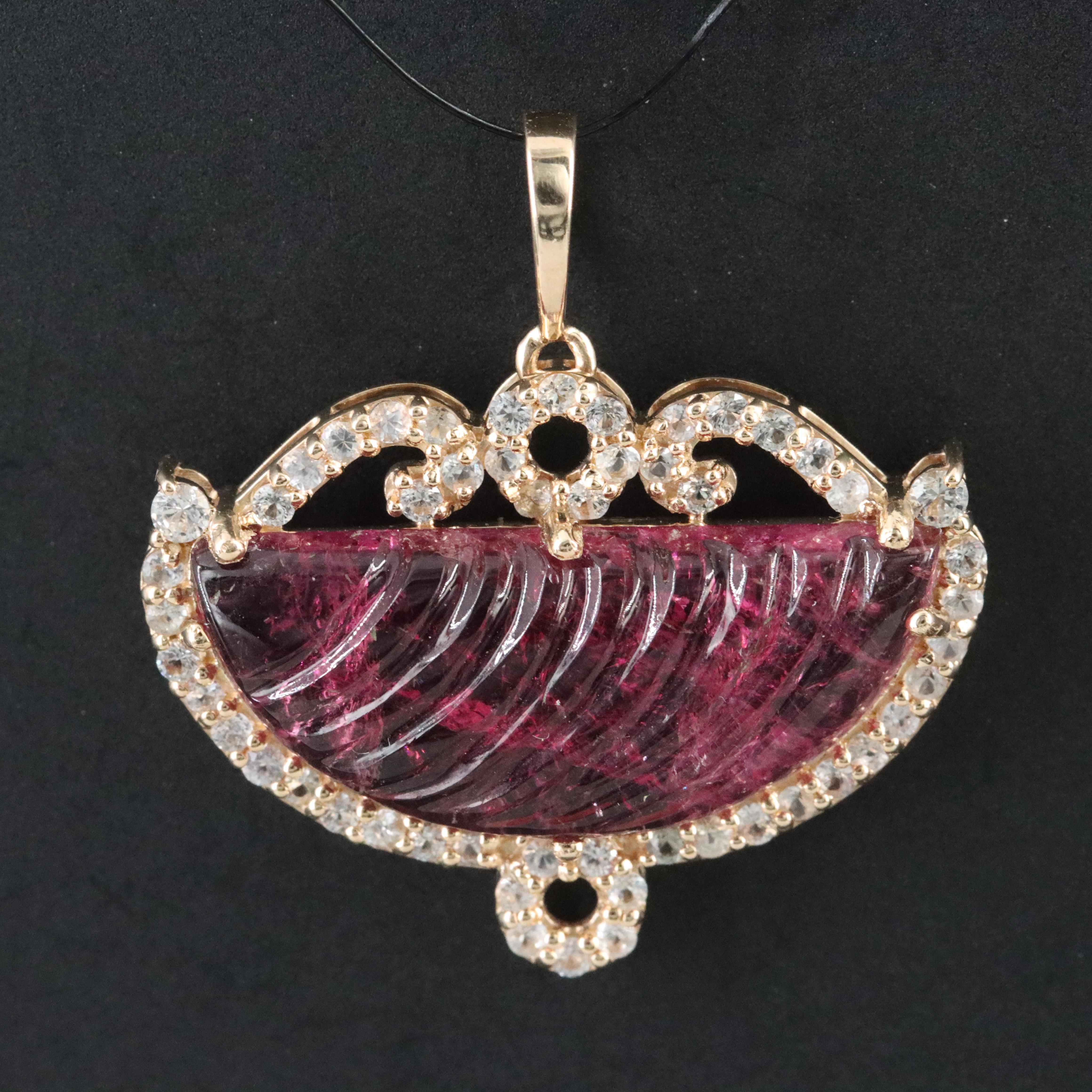 14K Carved Tourmaline and White Sapphire Pendant