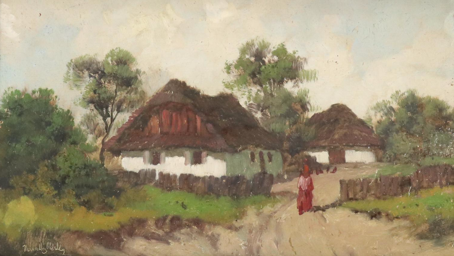 Rural Landscape Oil Painting of Figure Walking Along Cottages