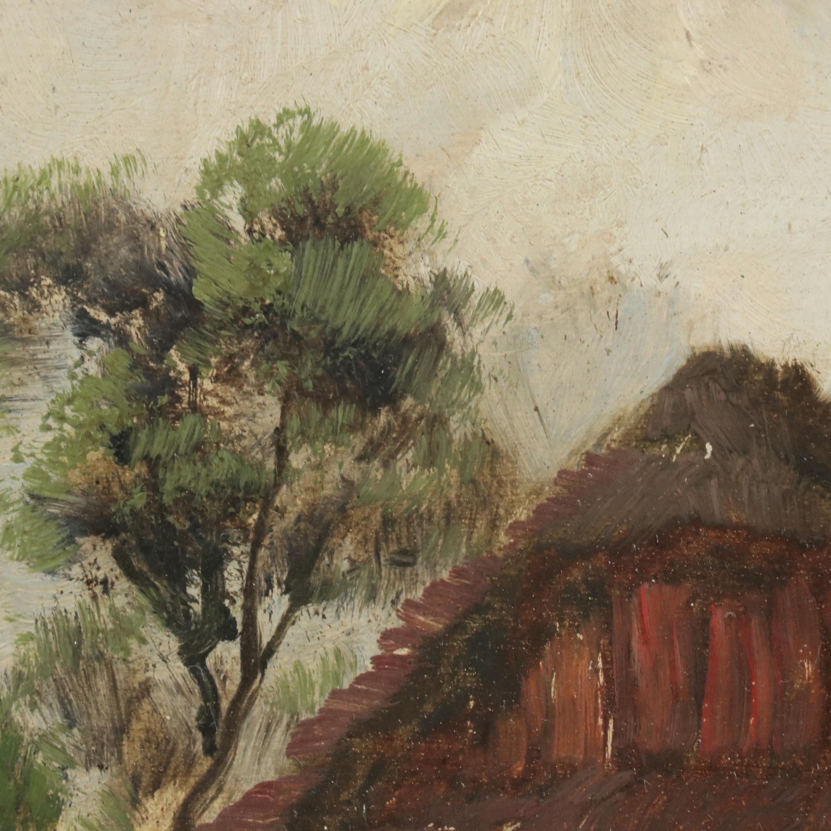 Rural Landscape Oil Painting of Figure Walking Along Cottages