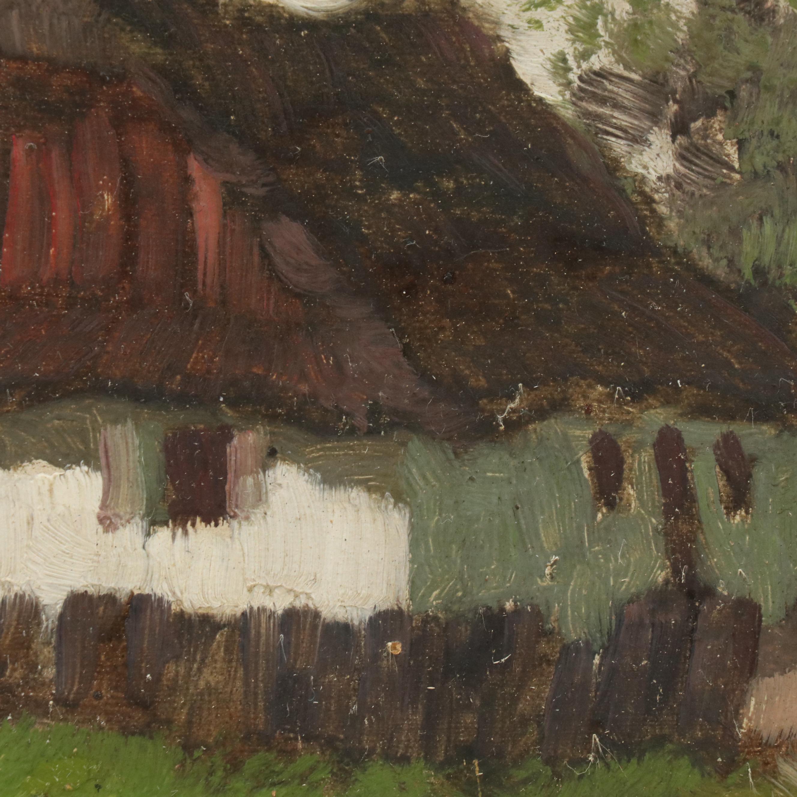 Rural Landscape Oil Painting of Figure Walking Along Cottages