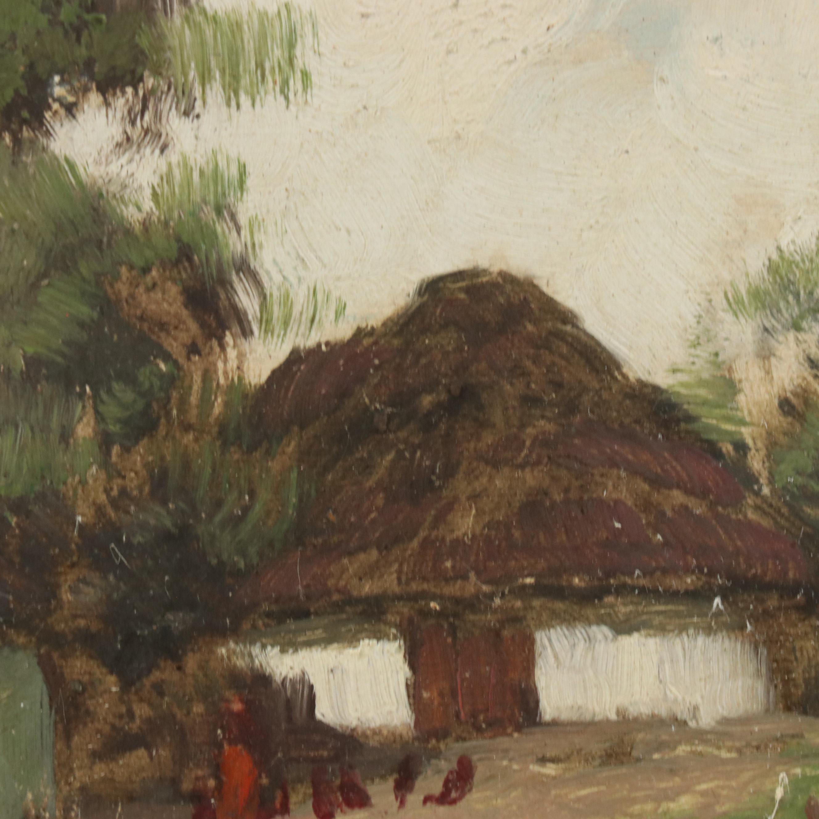 Rural Landscape Oil Painting of Figure Walking Along Cottages