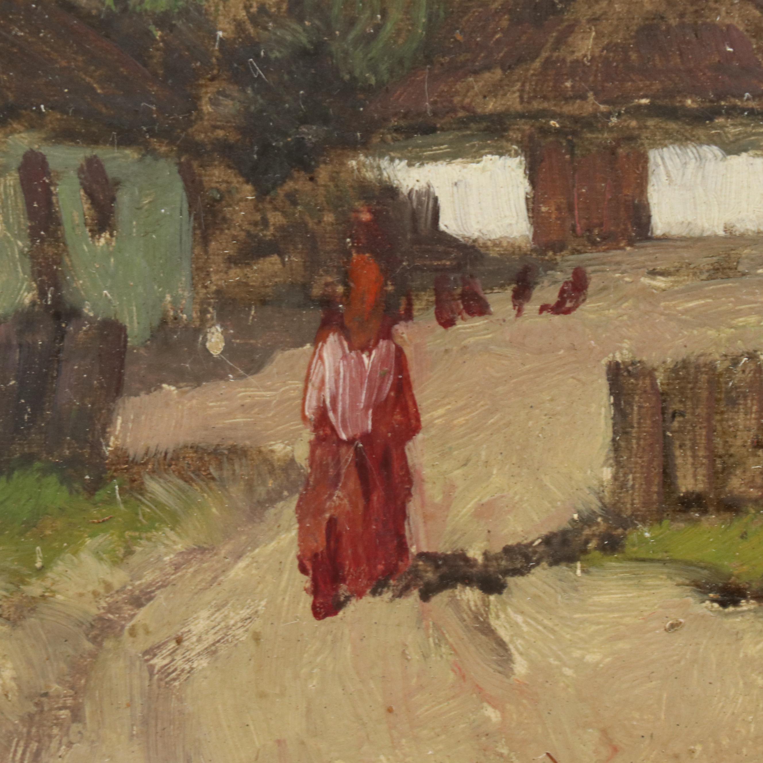 Rural Landscape Oil Painting of Figure Walking Along Cottages