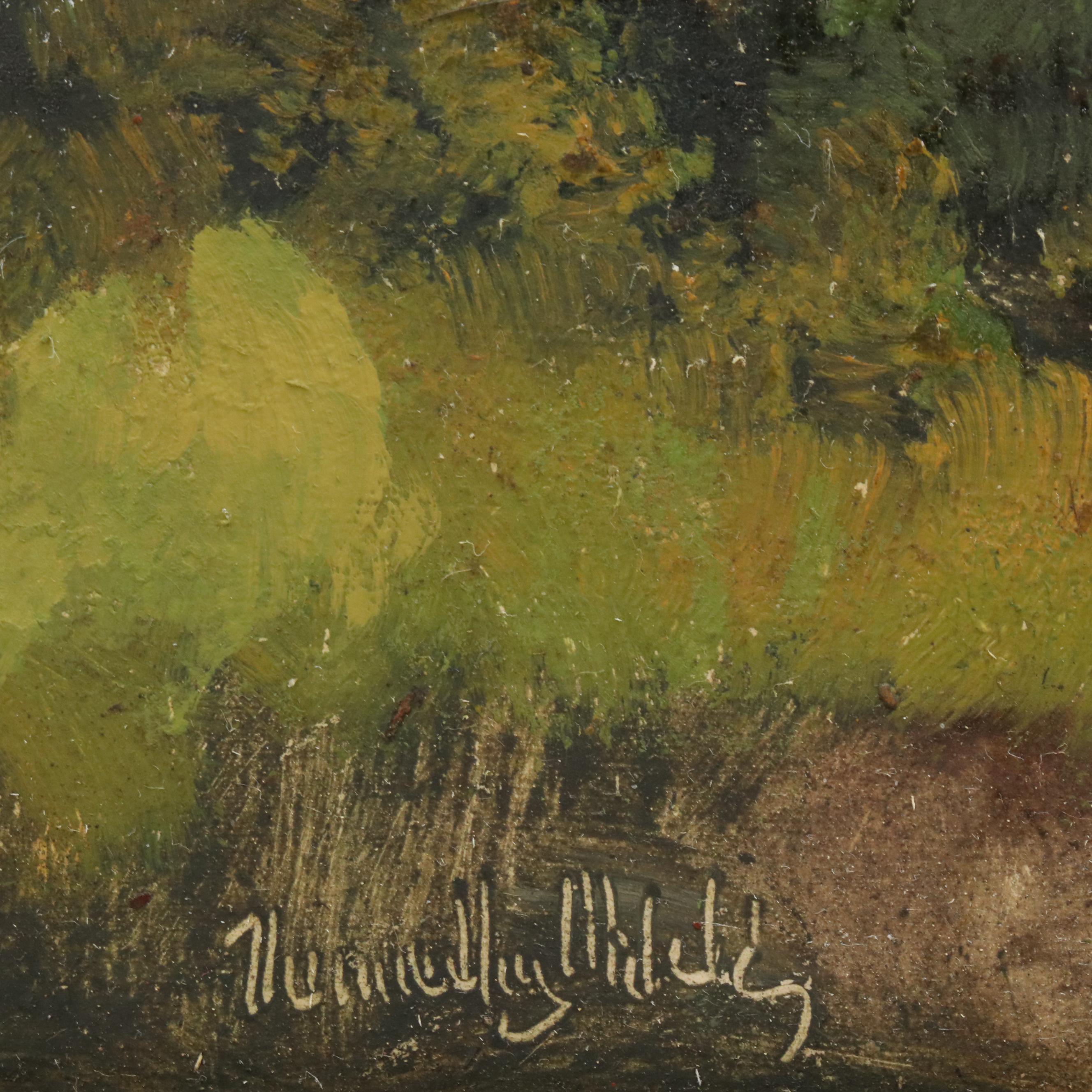 Rural Landscape Oil Painting of Figure Walking Along Cottages