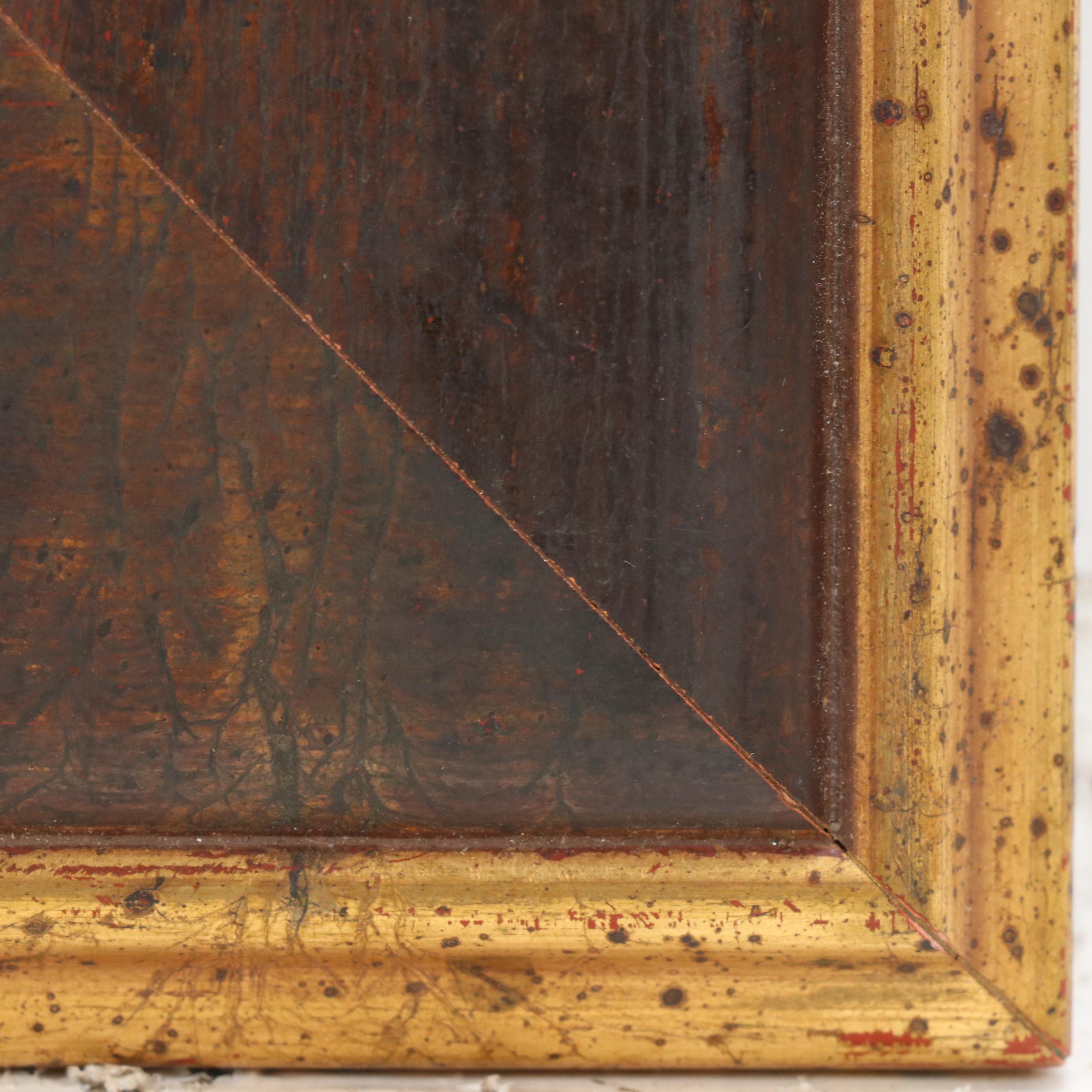 Rural Landscape Oil Painting of Figure Walking Along Cottages