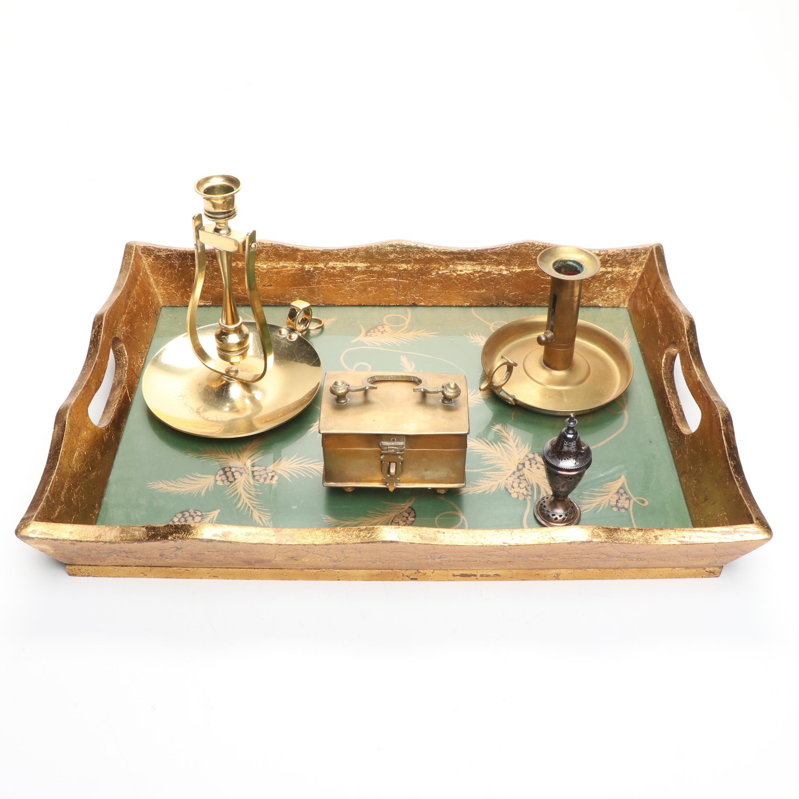 Georgian Style Urn Shaped Shaker with Wooden Tray and Other Brass Decor