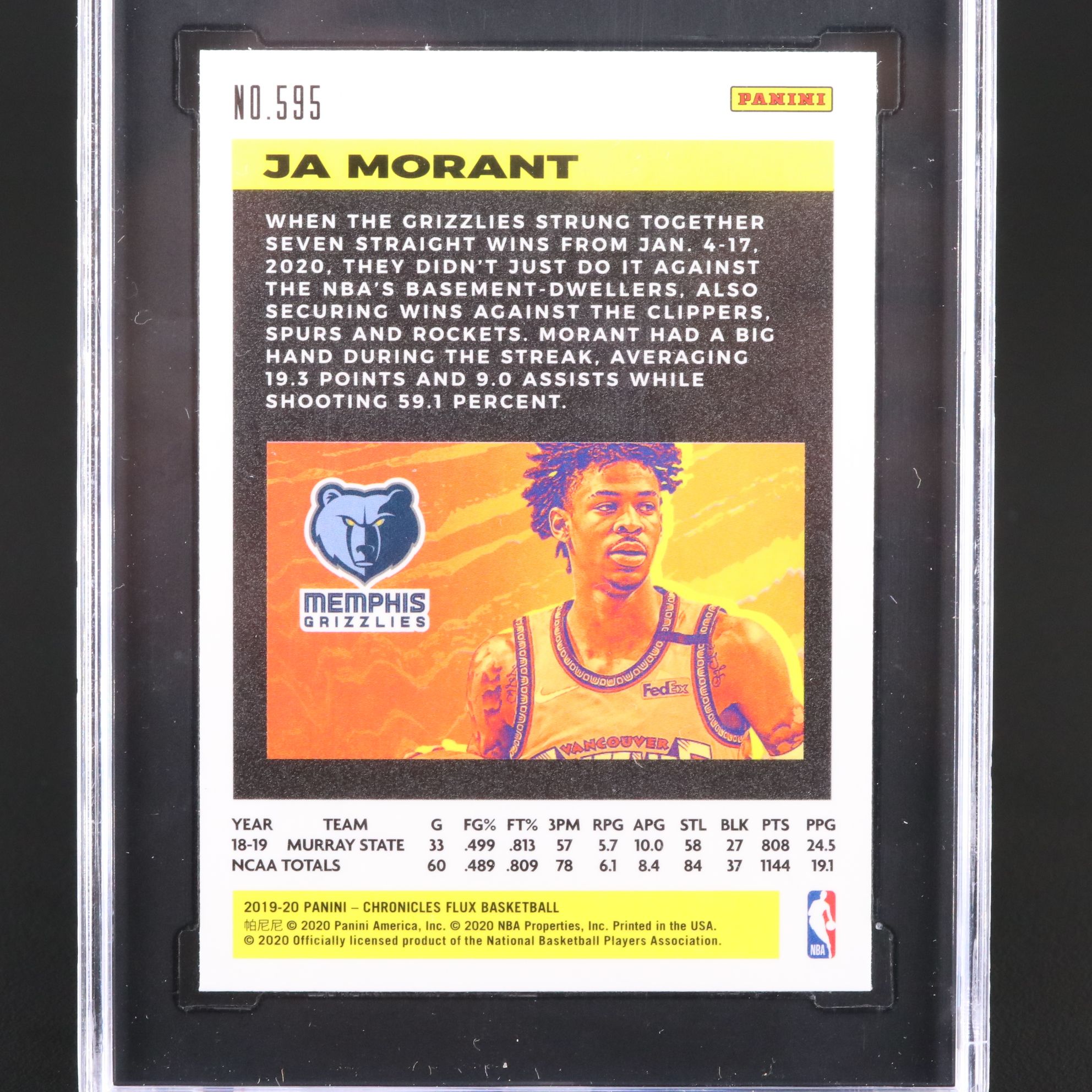 2019-20 Chronicles Ja Morant Flux Rookie Basketball Card Graded SGC 10