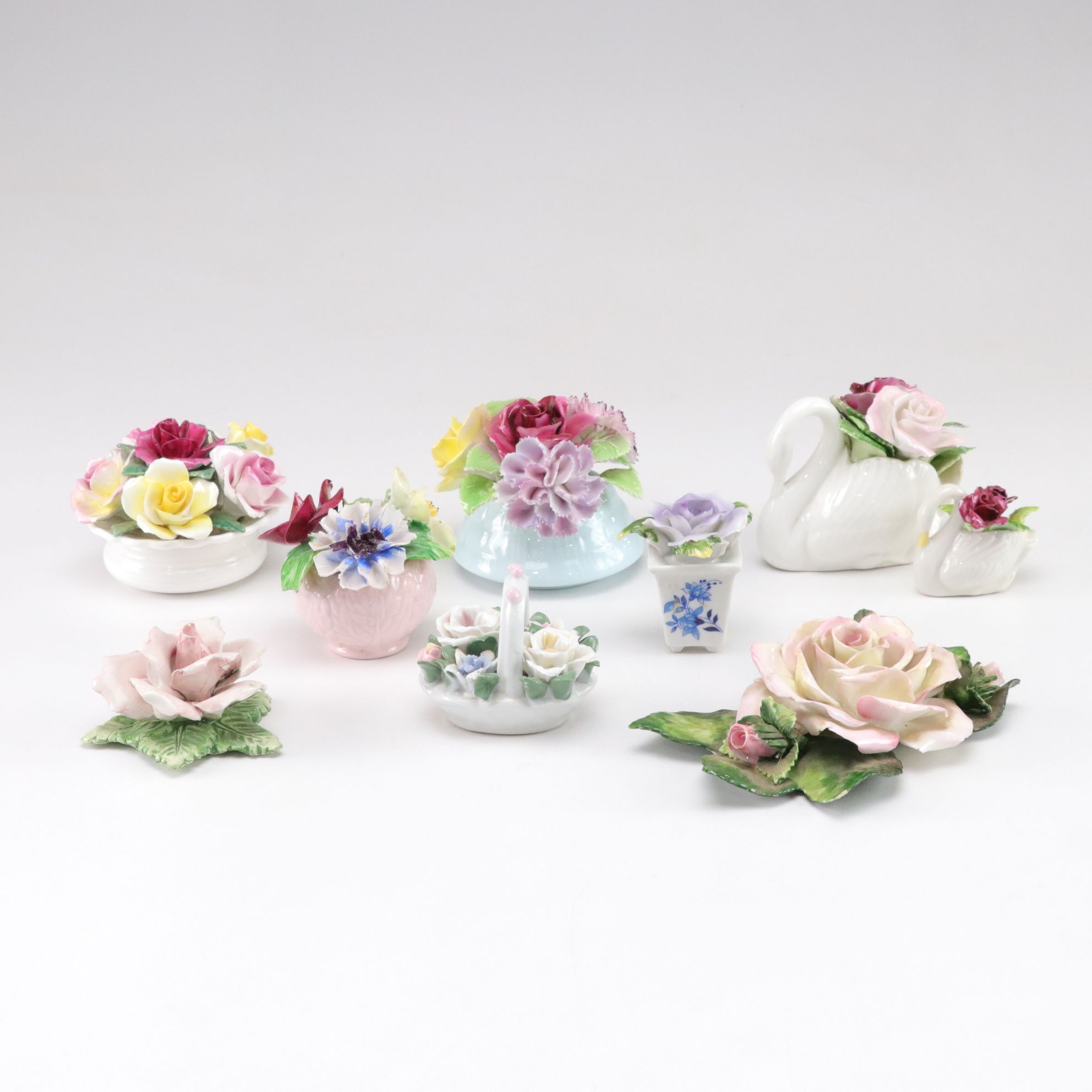 English Staffordshire in Collection of Bone China Rose and Swan Figurines